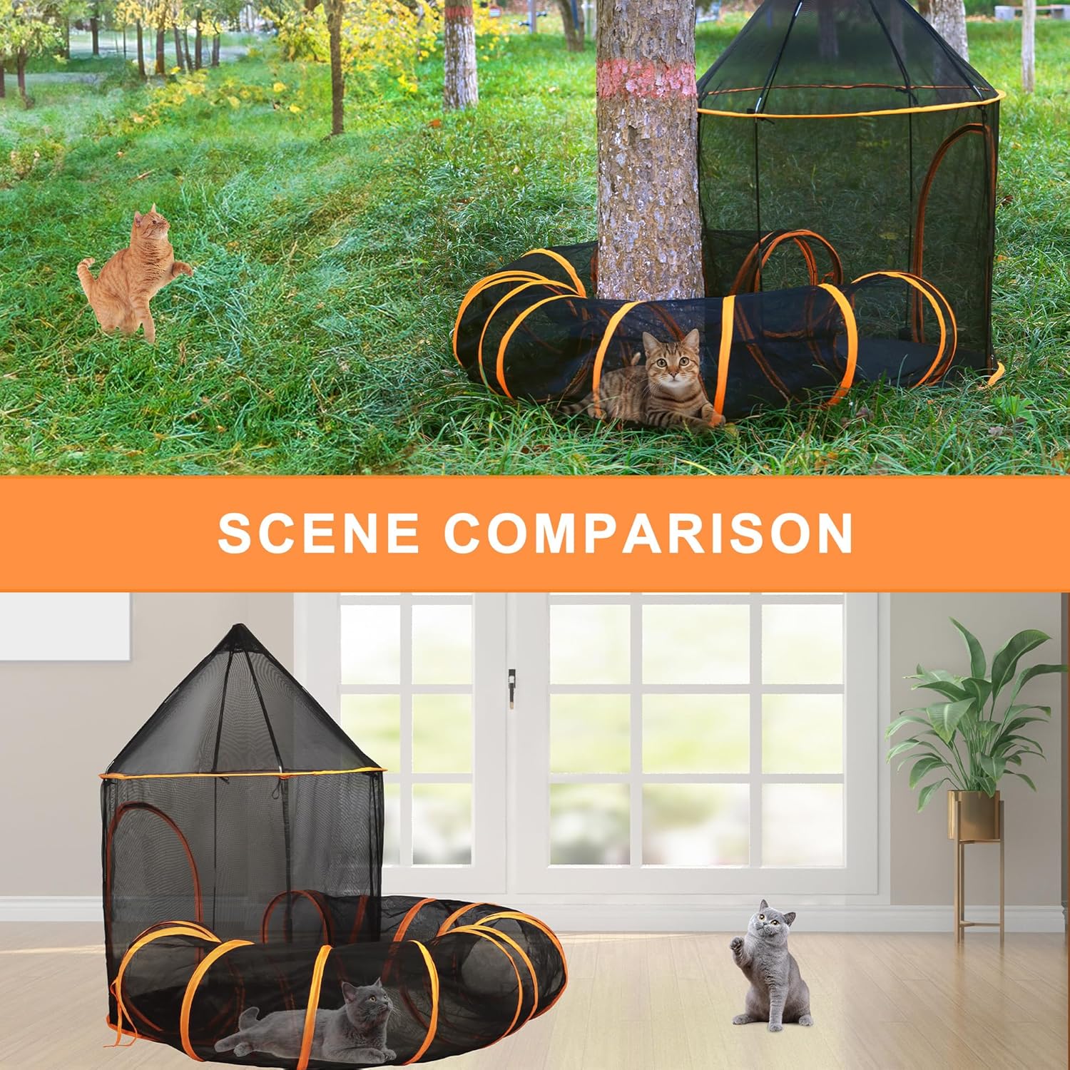 Foldable Cat Enclosure & Tunnel – Portable Indoor/Outdoor Playpen for Cats, Small Dogs, Rabbits – Breathable Mesh Tent with Zippered Door