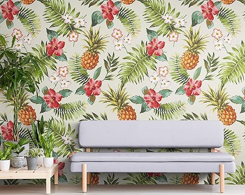 Miniatura 5 de Mural de pared con ambiente tropical de piña. Papel tapiz hawaiano para despegar y pegar, decoración temática Paradise Vibe. #6447 (muestra pequeña