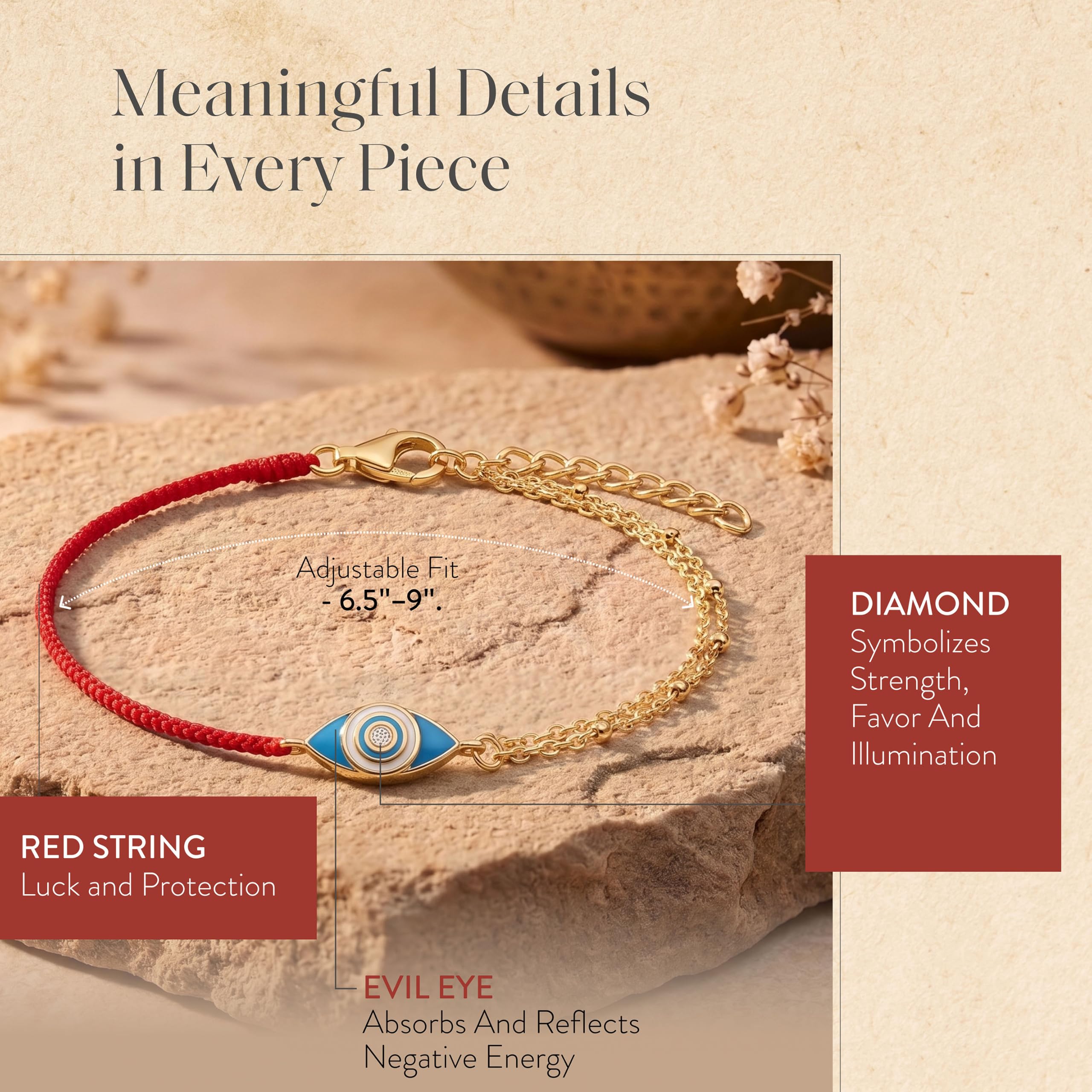 KARMA AND LUCK Pulsera ajustable de cuerda roja, dije de 18 quilates para mujer, hecha a mano en Bali para suerte y éxito