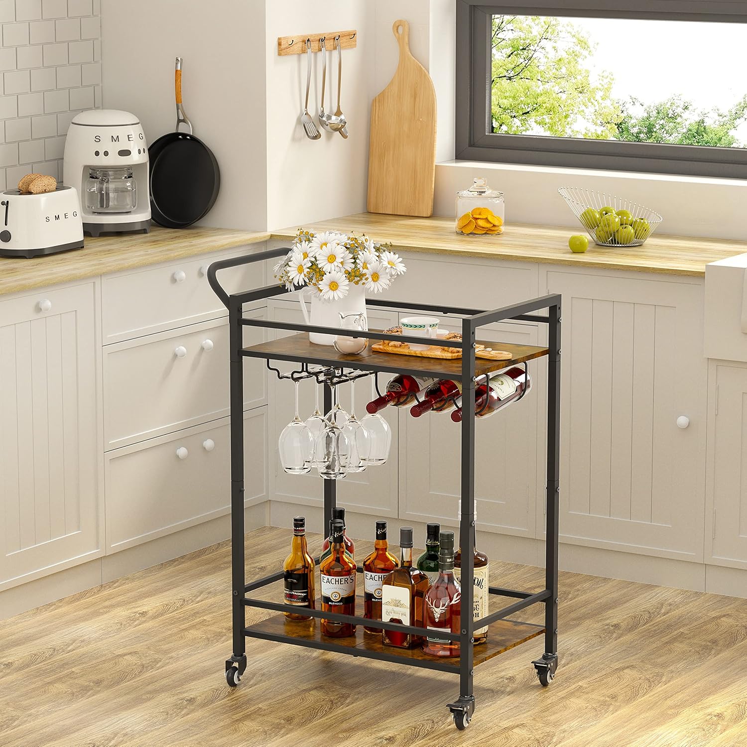 Tajsoon 2-Tier Bar Cart, Mobile Bar Serving Cart, Industrial Style Wine Cart for Kitchen, Beverage Cart with Wine Rack and Glass Holder, Rolling Drink Trolley for Living Room, Rustic Brown - Bar & Serving Carts