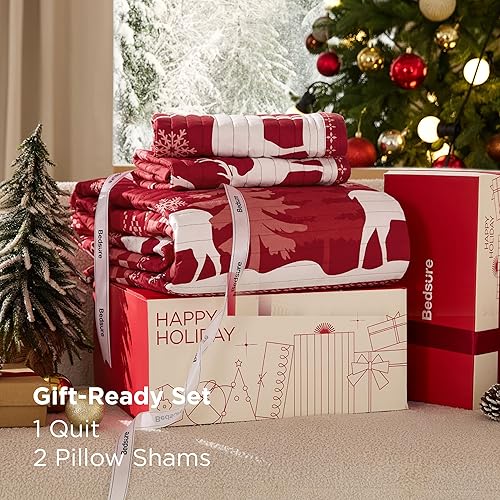 Miniatura 6 de Bedsure - Ropa de cama de Navidad, colcha reversible de tamaño King rojo con patrón de nieve y renos, colcha de microfibra ligera, suave, decoración