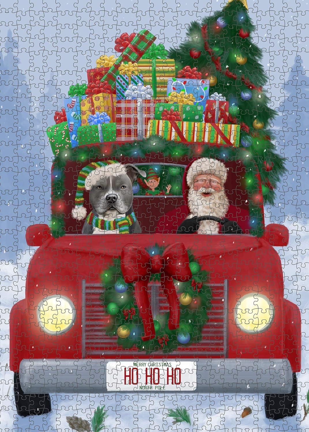 Christmas Honk Honk Red Truck with Santa and American Staffordshire Dog Jigsaw Puzzle for Adults - Animal Printed Interlocking Puzzle Gift for Dog Lover's -1000 Pcs 29.5"x19.7", PZLE59704