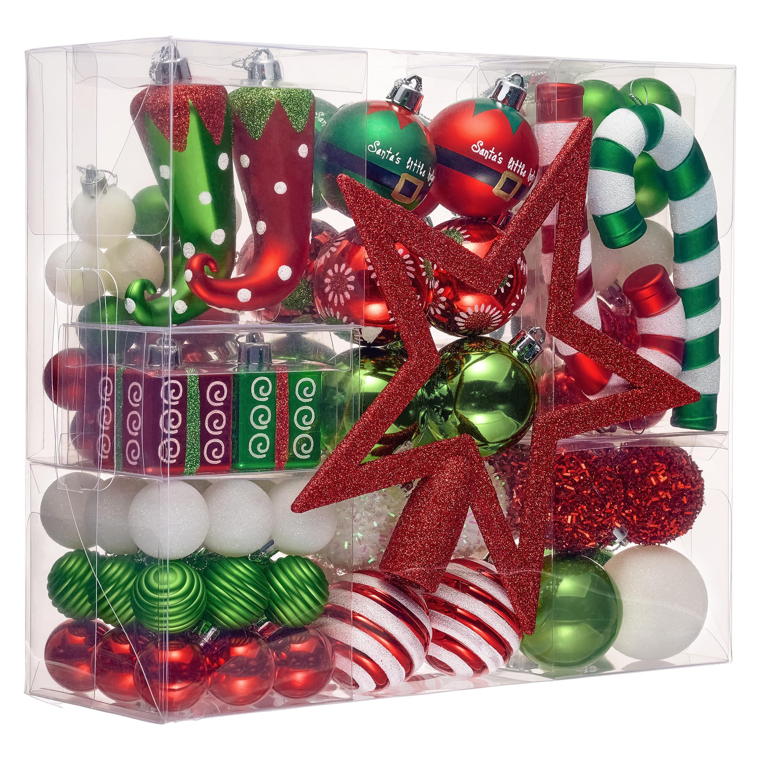 Victor's Workshop Weihnachtskugeln 100tlg. Plastik Christbaumkugeln Set Christbaumschmuck für Weihnachtsbaum Weihnachtsdeko Partydeko Hausdeko Elfen Thema Rot Grün Weiß(M)
