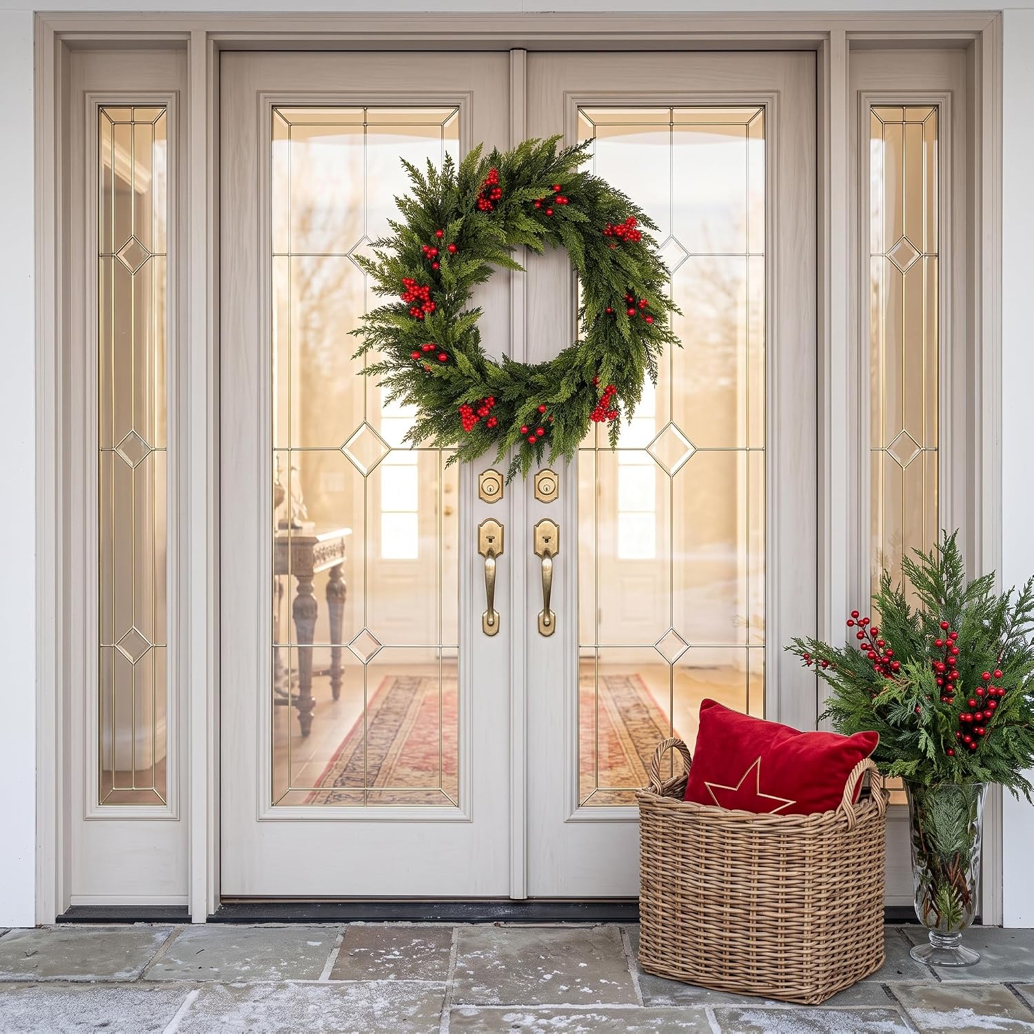24 Inch Christmas Wreaths for Front Door, Artificial Norfolk Pine Xmas Red Berry Wreath for Home, Holiday, Fireplace, Mantle, Wall, Windows, Outdoor Decoration