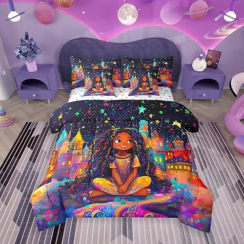 jejeloiu Kids Cute Black Girl Comforter Set 7 Pieces Queen Size Castle Star Prin