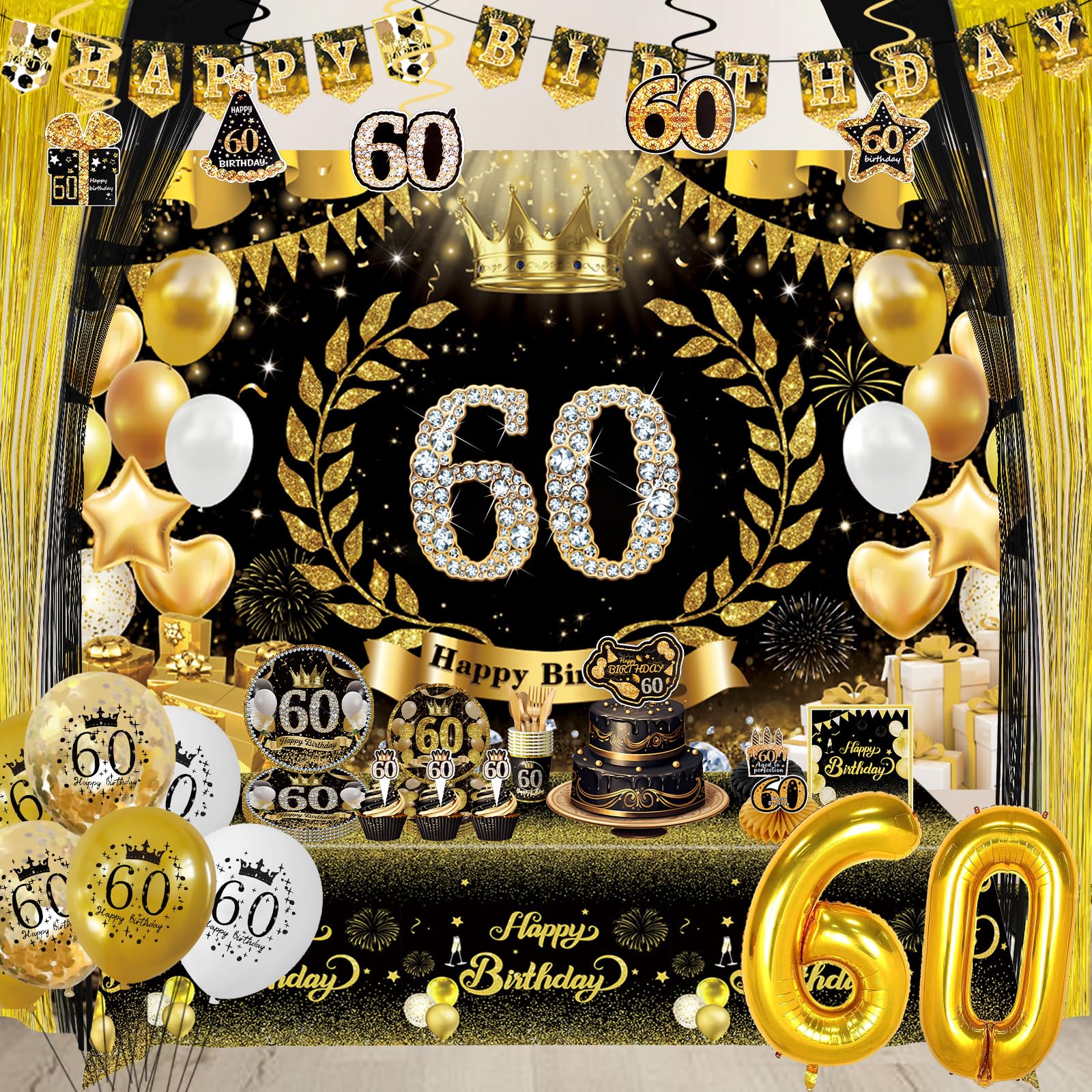 164 piezas de decoraciones de feliz cumpleaños negro y dorado, decoraciones de cumpleaños de fiesta de cumpleaños negro y dorado, suministros de fiesta de feliz cumpleaños para hombres y mujeres,