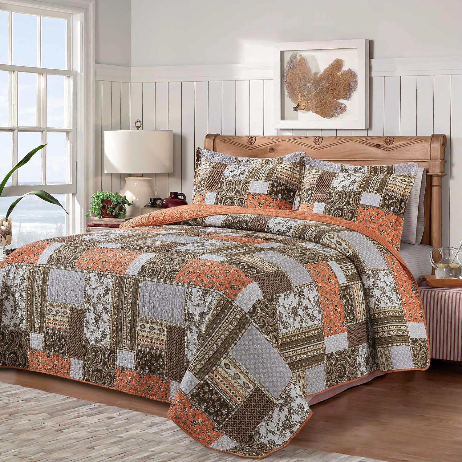 BEDIFANY Cotton California King Size Quilt for Farmhouse- Fall Patchwork Bedspread Set - Highly-Woven Soft Reversible Oversized King Size Coverlet for All Seasons (Floral Orange) 3 Pieces - Image 8