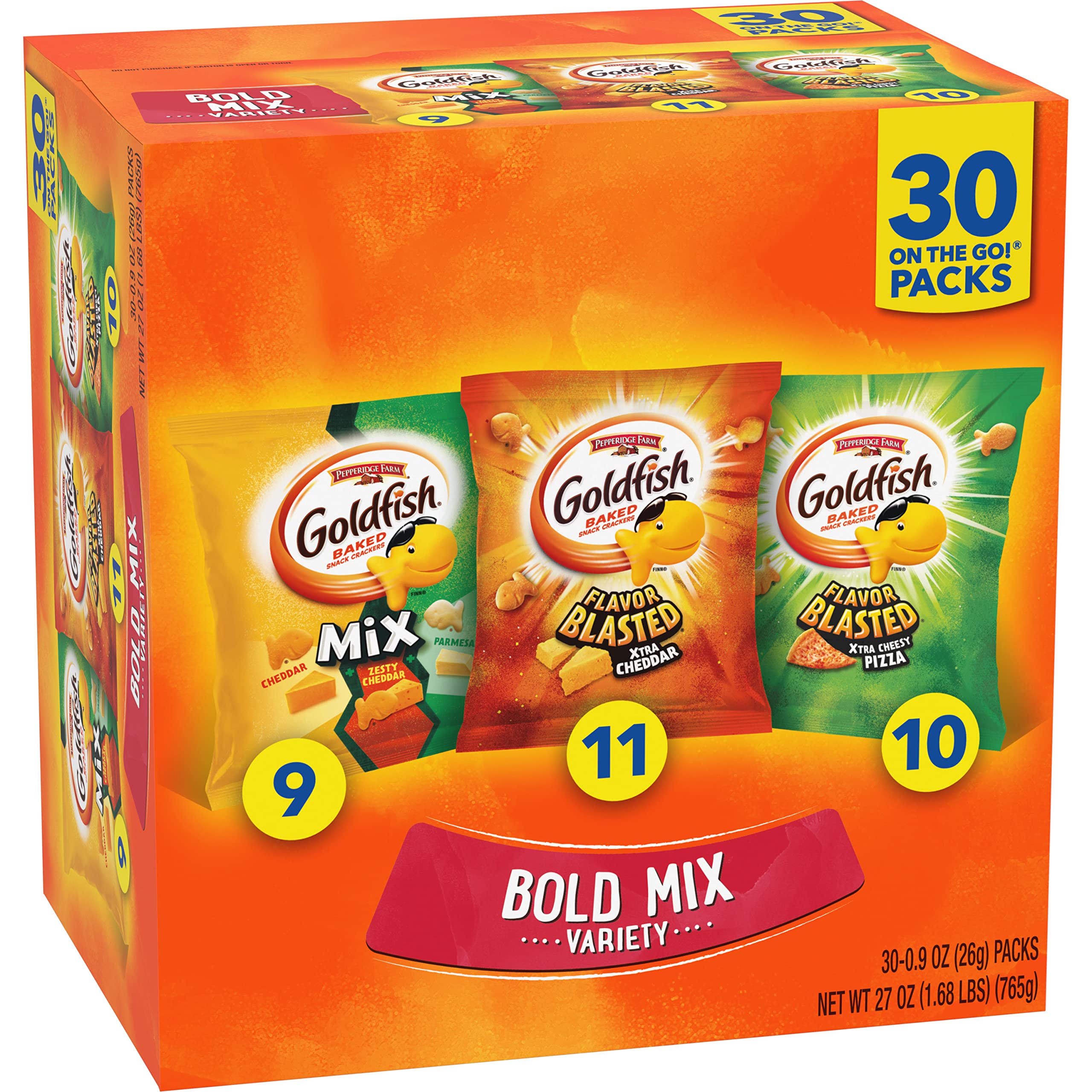 Goldfish Bold Mix Crackers with Cheesy Goldfish Mix, Flavor Blasted Xtra Cheddar and Flavor Blasted Cheesy Pizza, Snack Pack, 1 oz, 30 CT Multi-Pack Box - Bold Mix Variety