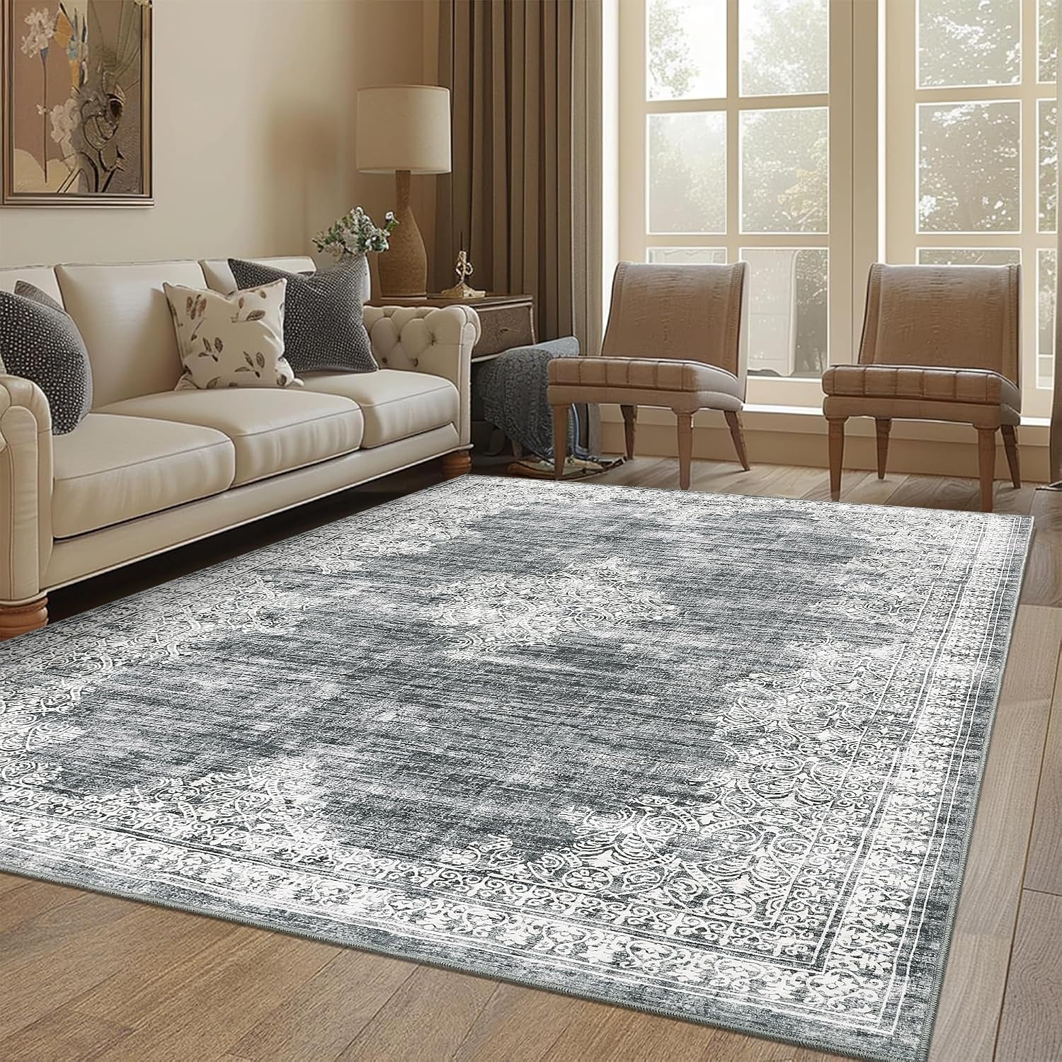 Garvee Large Rugs for Living Room 8x10 Washable Rug Vintage Bordered Accent Rug with Non Slip Backing Low Pile Non Shedding Distressed Farmhouse Floor Covering for Dining Room Nursery, Grey