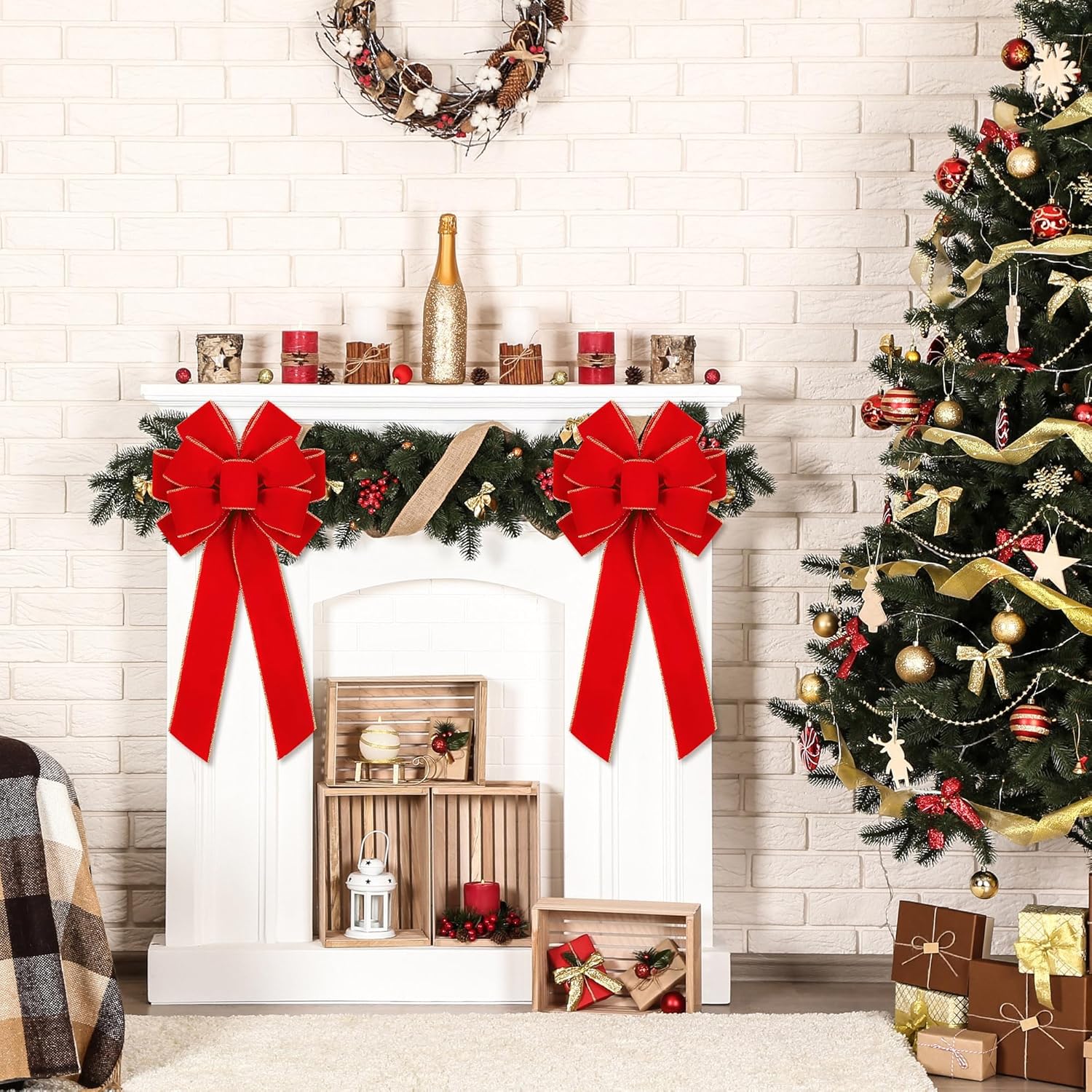 Fovths 12 Pieces Red Christmas Bows 20 x 12 Inches Large Velvet Christmas Wreath Bow with Glitter Gold Edge Christmas Tree Topper Ornament Bow for Christmas Home Indoor Outdoor Door Decor