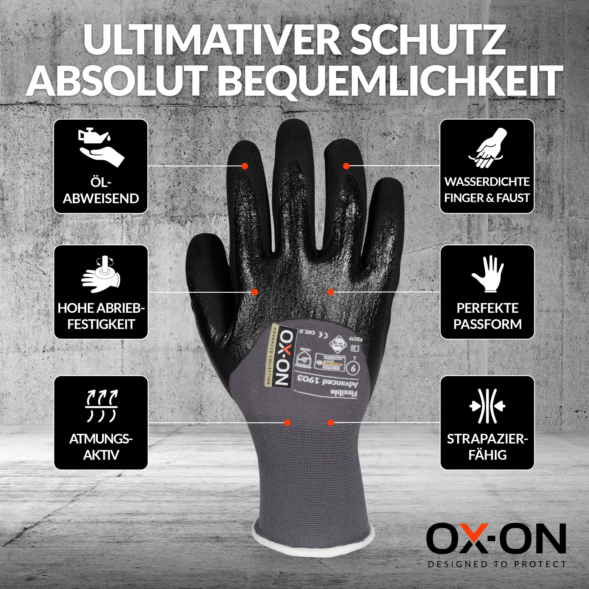 OX-ON FLEXIBLE ADVANCED 1903 Gants de travail Taille 9 I 12 paires de gants de protection imperméables et oléophobes avec double revêtement I Confortable et avec adhérence ferme I Certification EN I
