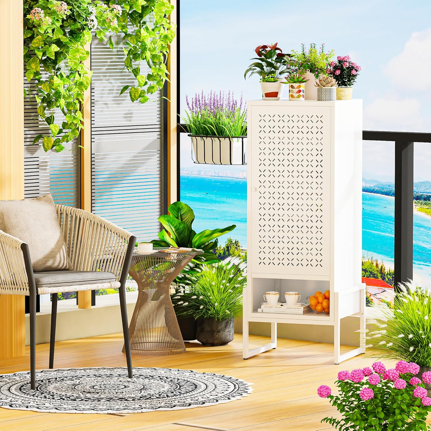 Outdoor Storage Cabinet, Heavy-Duty Metal Patio Cabinet with Waterproof & Rust-Resistant Coating, 3 Adjustable Shelves, Raised Base for Balcony, Backyard, Porch & Garden (White)