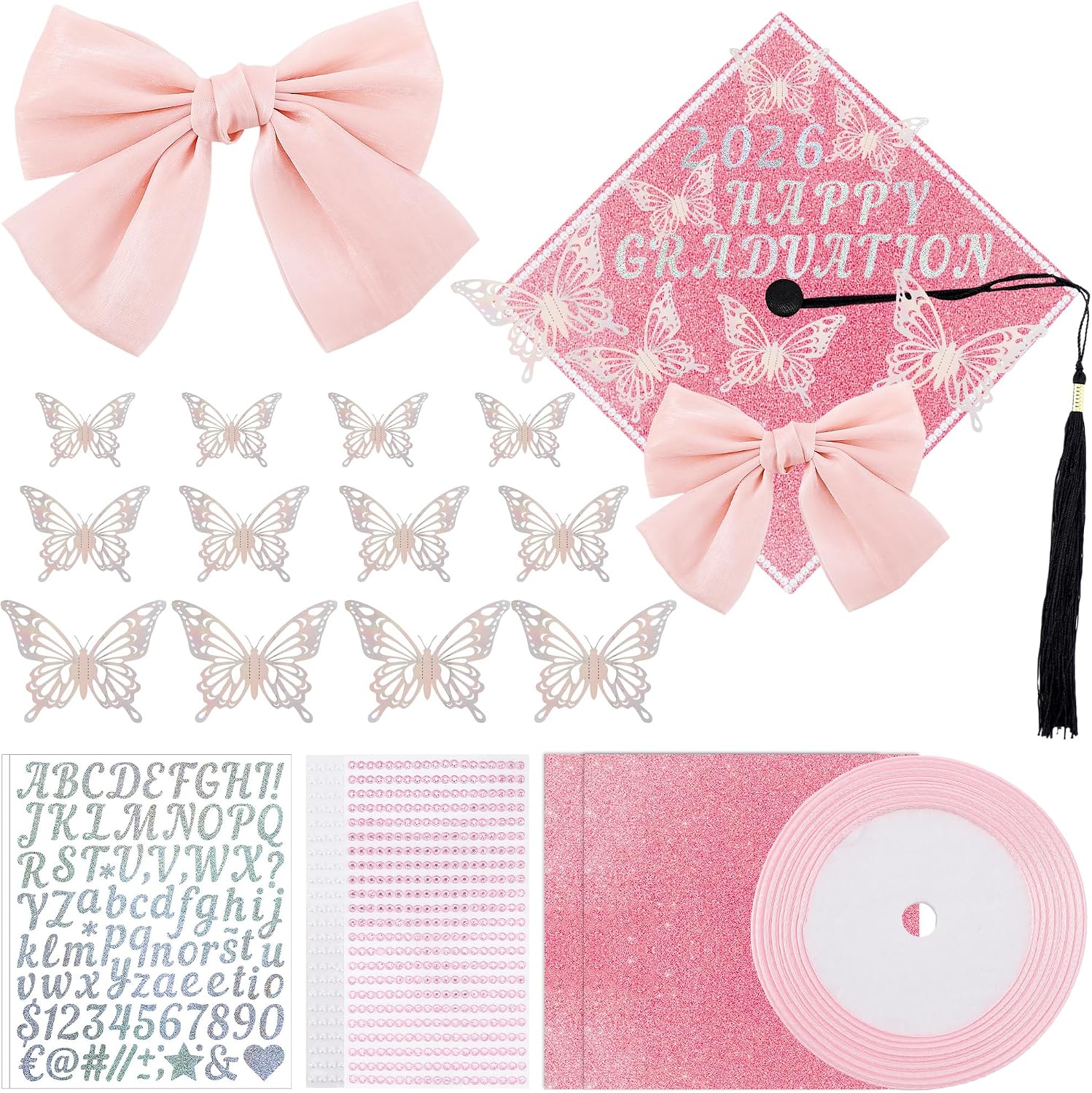 DIY Graduation Cap Decorations, 21 Pcs Pink DIY Graduation Cap Topper Kit with Glitter Paper, 3D Butterfly, Rhinestones Pearls Alphabet Stickers, Ribbon and Bow for 2026 Graduate Decor Gifts