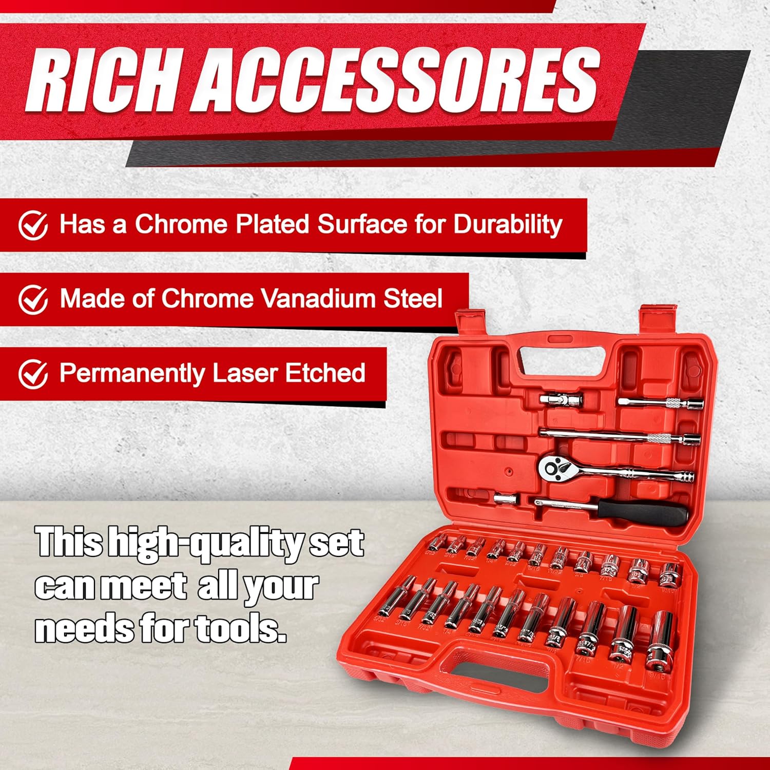 EACELIY 28pcs 1/4" Drive Impact Socket Set,Drive Master Socket Set,SAE, Deep&Shallow with Universal Joint,Extension bar,Ratchet Wrench,Hex Bit Holder,Spinner Handle,6 Point,CR-V Steel,Mirror Chrome