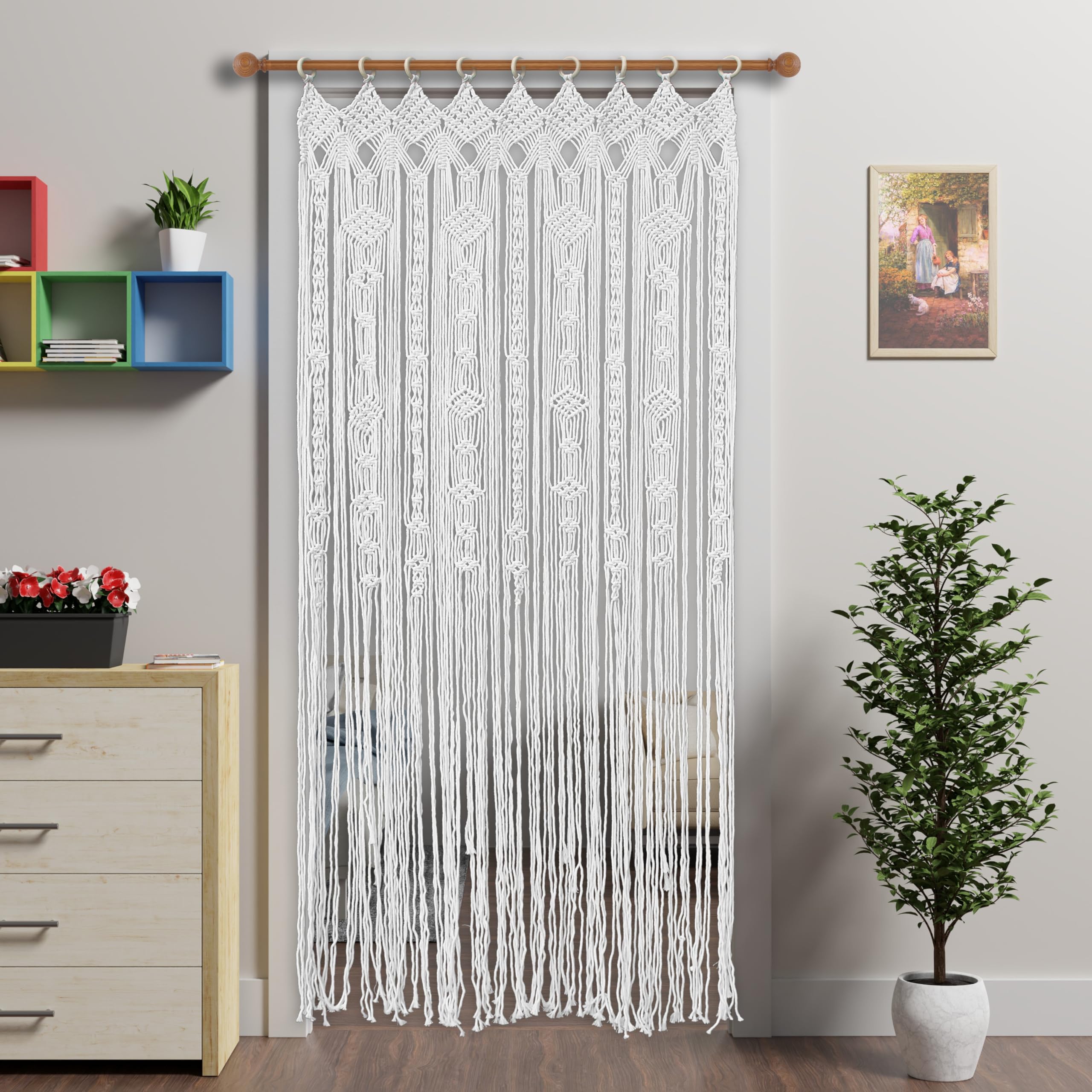 Ateasierlife White Macrame Curtain Boho Doorway Curtains,Handmade Door Curtain Fly Screen Curtains Window Doors Screens Tassel Doorways Blinds Room Divider Panel (W35×L79in/W90×L200cm, Square)