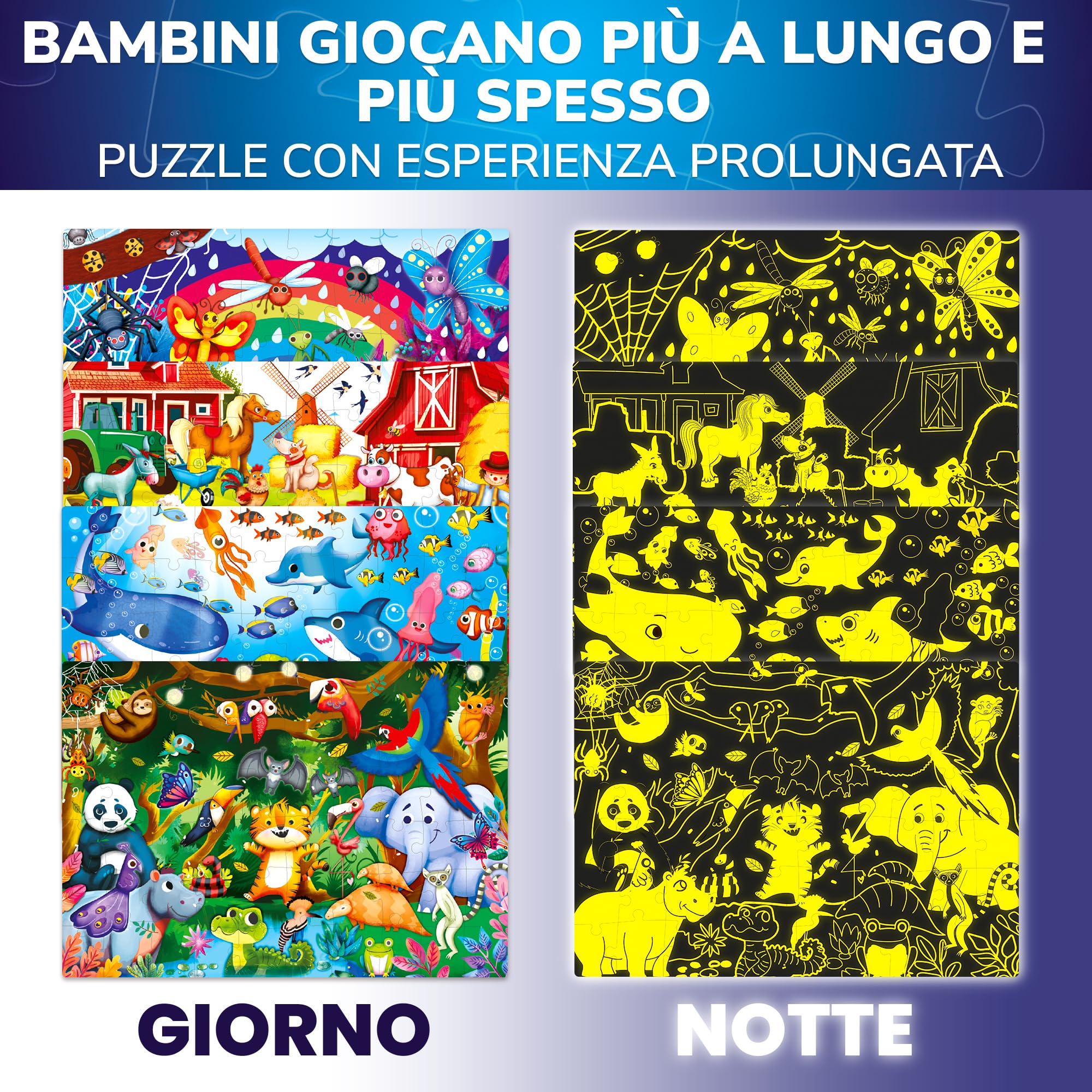 QUOKKA Puzzle Bambini 4 5 6 Anni – 4x60 Pezzi Puzzle Fluorescenti 3 4 Anni – Giocattoli Colorati con Fattoria Tropicale Oceano Animali e Uccelli – Giochi Educativi Regalo per Bambini e Bambine 6 7 8