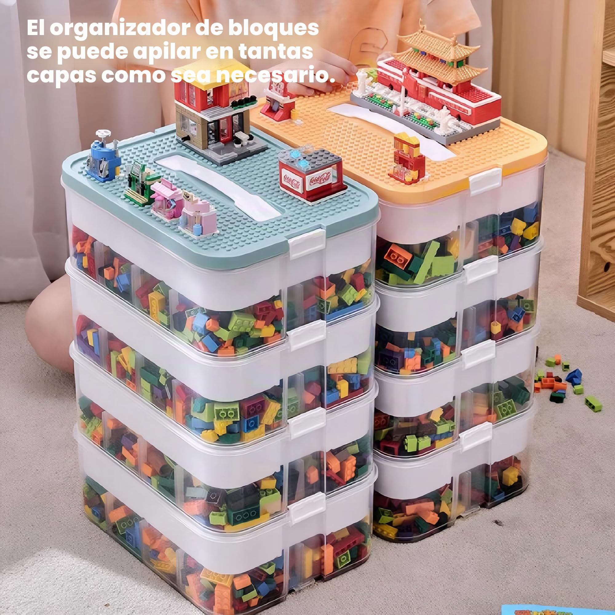 Cajas de almacenamiento, organizador transparente para juguetes, cajas de almacenamiento apilables de Lego con tapa, asa, contenedor de plástico con múltiples compartimentos para almacenar juguetes
