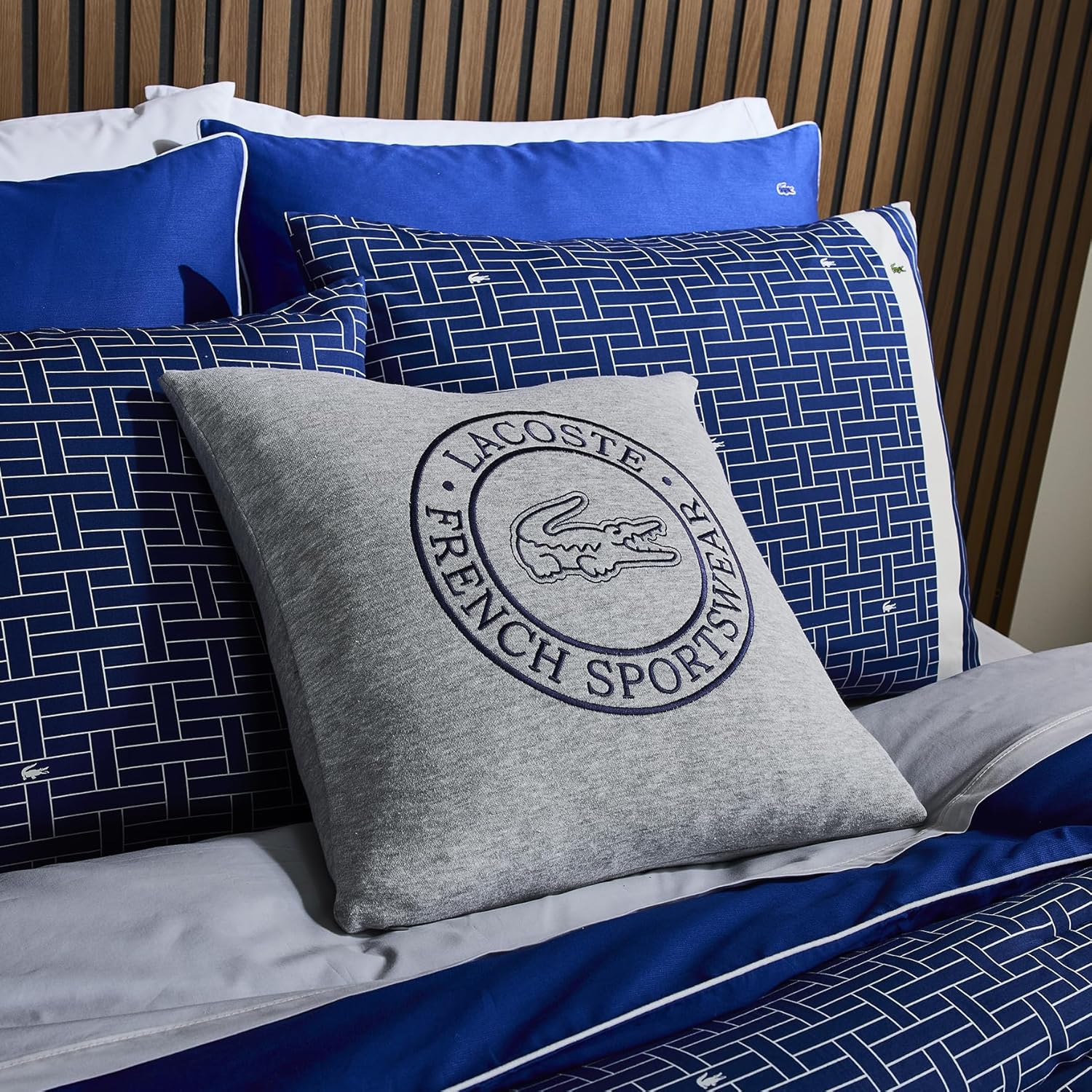 Lacoste Sportswear Decorative Pillow – 16" x 16" Square Throw Pillow for Bed Sofa Couch, Embroidered Crocodile Logo, Ultra Soft Sweatshirt Knit Cotton and Polyester Blend, Machine Washable, Gray