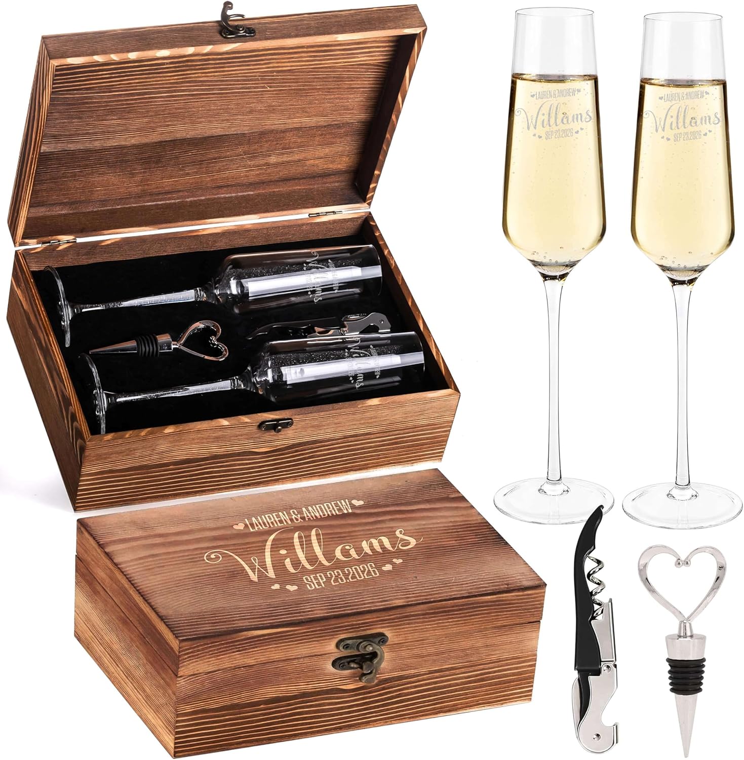 Set of 2 Personalized Couples Wedding Champagne Flute Glasses 8 oz – Custom Engraved Names & Date, Bride & Groom Toasting Flutes with Wooden Keepsake Box, Bottle Stopper & Corkscrew Opener