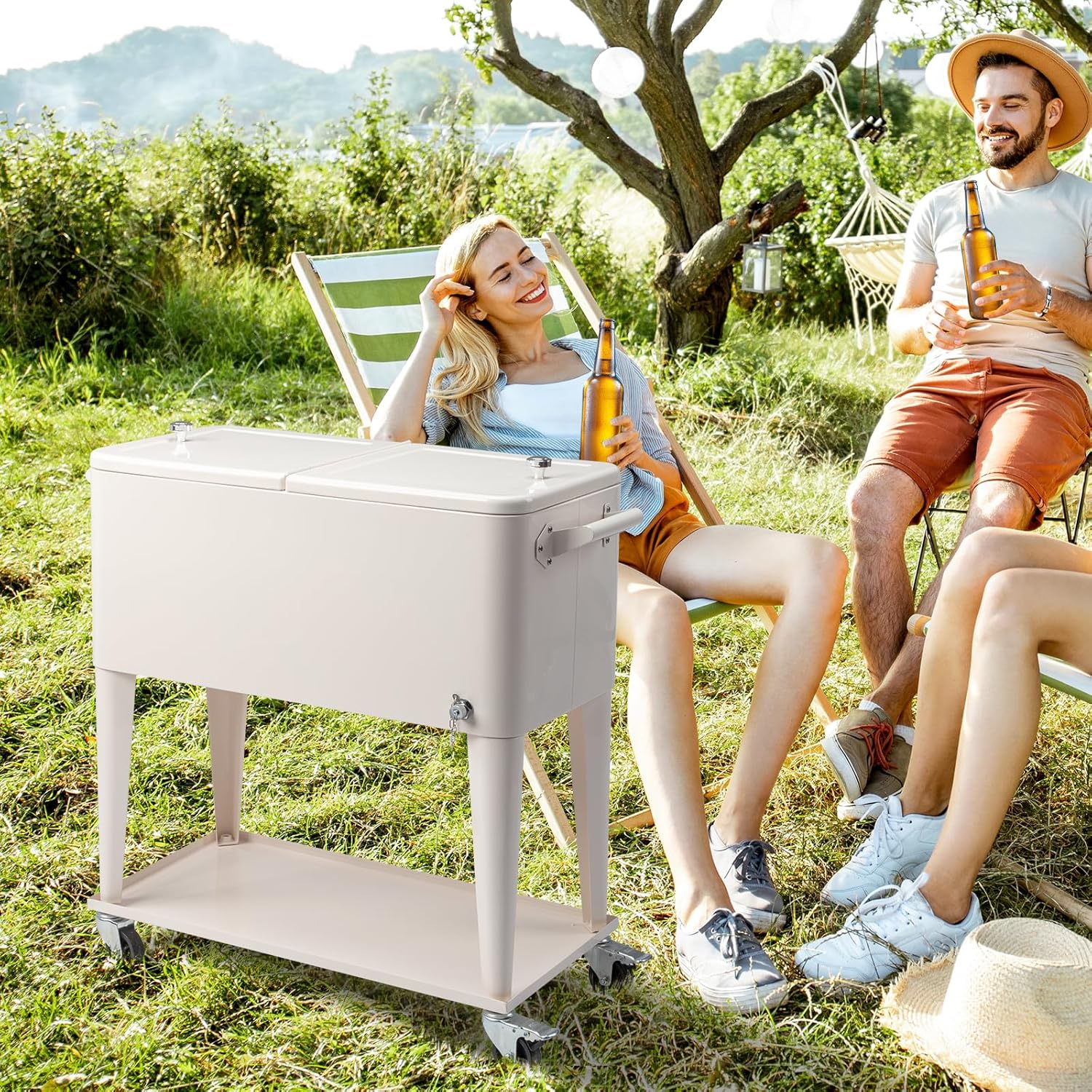 80 Quart Rolling Ice Chest,Portable Bar Drink Cooler,Camping BBQ Ice Chest Cart,Modern Beverage Cooler Cart,with Catch Basin and Bottle Opener,for Patio Party BBQ Beach Activities