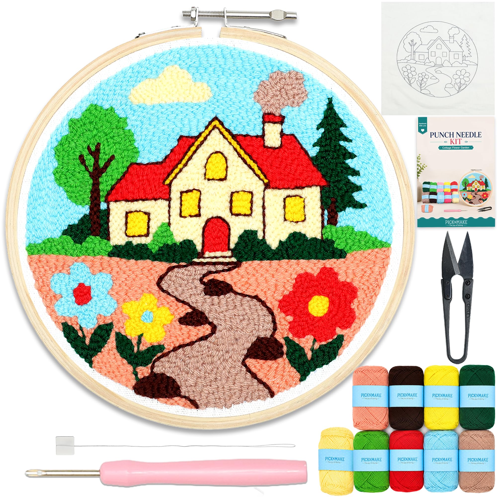picknMAKE Cottage Flower Garden Punch Needle Kit for Beginners | DIY Punch Needle Embroidery Kit with Wooden Hoop, Pre-Printed Fabric, 9 Wool Yarn Colours & Needle | New Hobby Craft Kit & Gift-picture-14