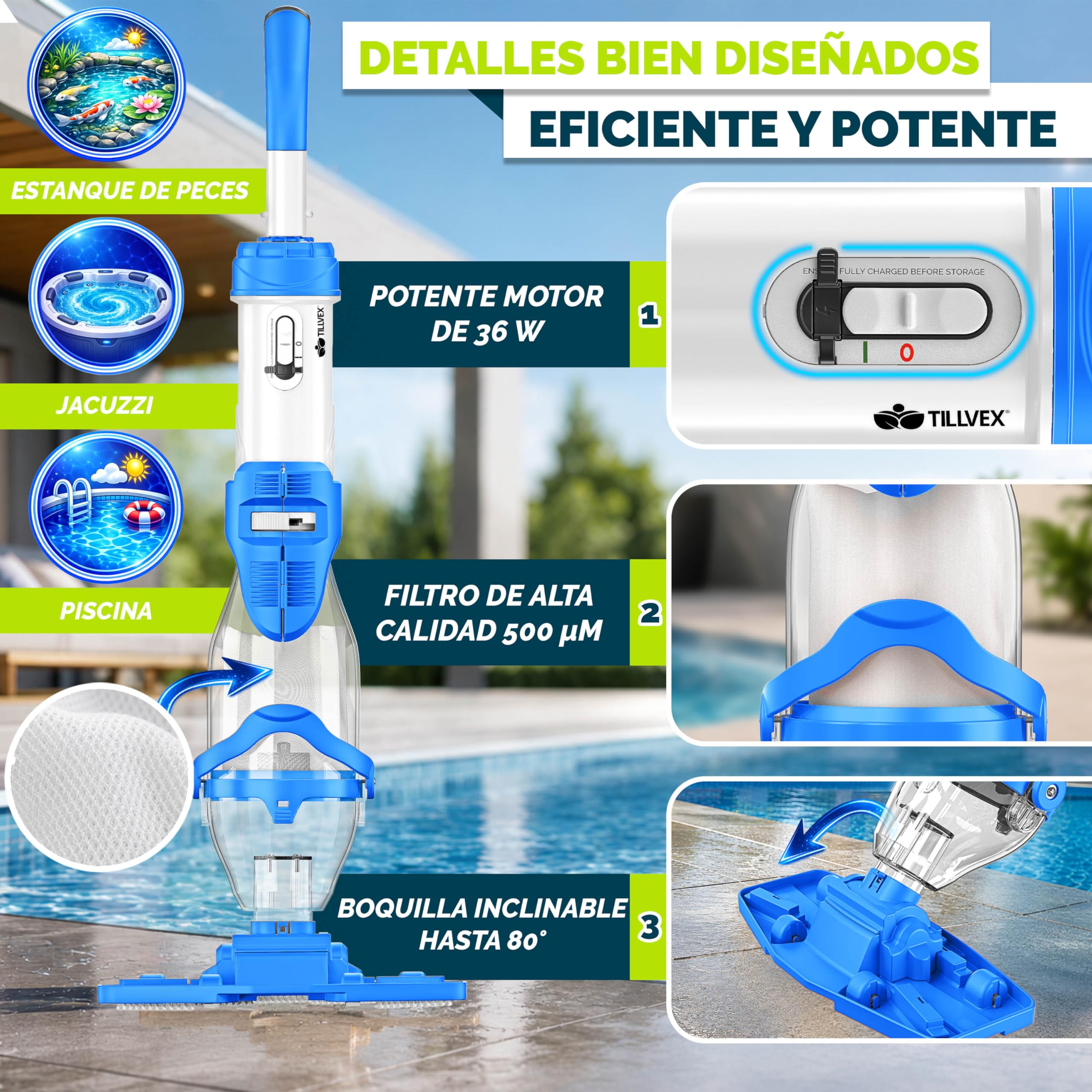 tillvex Aspirador de Piscina con batería y Barra telescópica + Filtro de Repuesto de hasta 15 m³ | Aspiradora eléctrica para Piscina con Filtro y 60 min de autonomía | Set de Limpieza inalámbrico