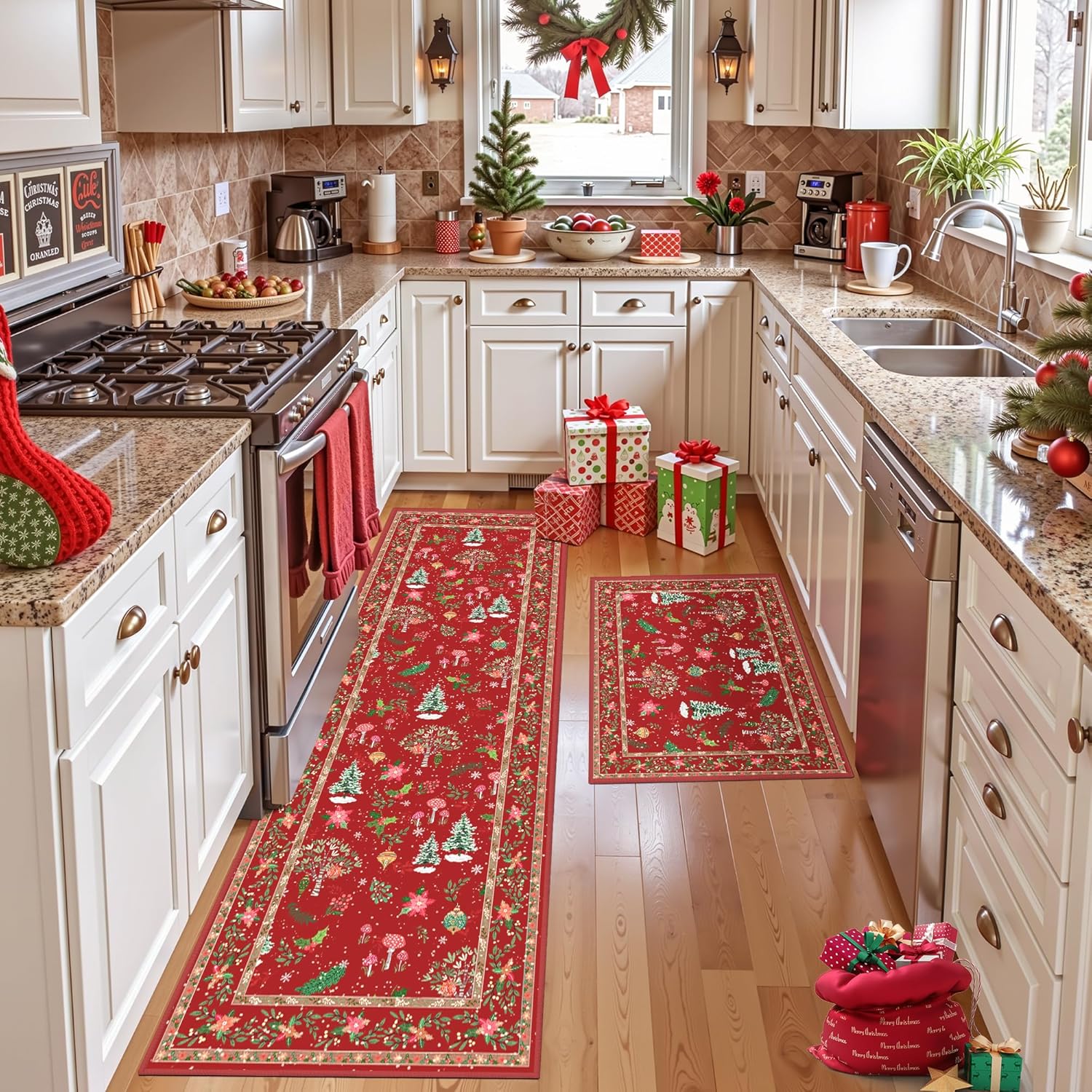 Christmas Small Area Rug Set 2x3 2x8 Red Festival Entryway Rug Xmas Snowflake Boho Rug Washable Rug Non Slip Xmas-red 2'x3'/2'x8'