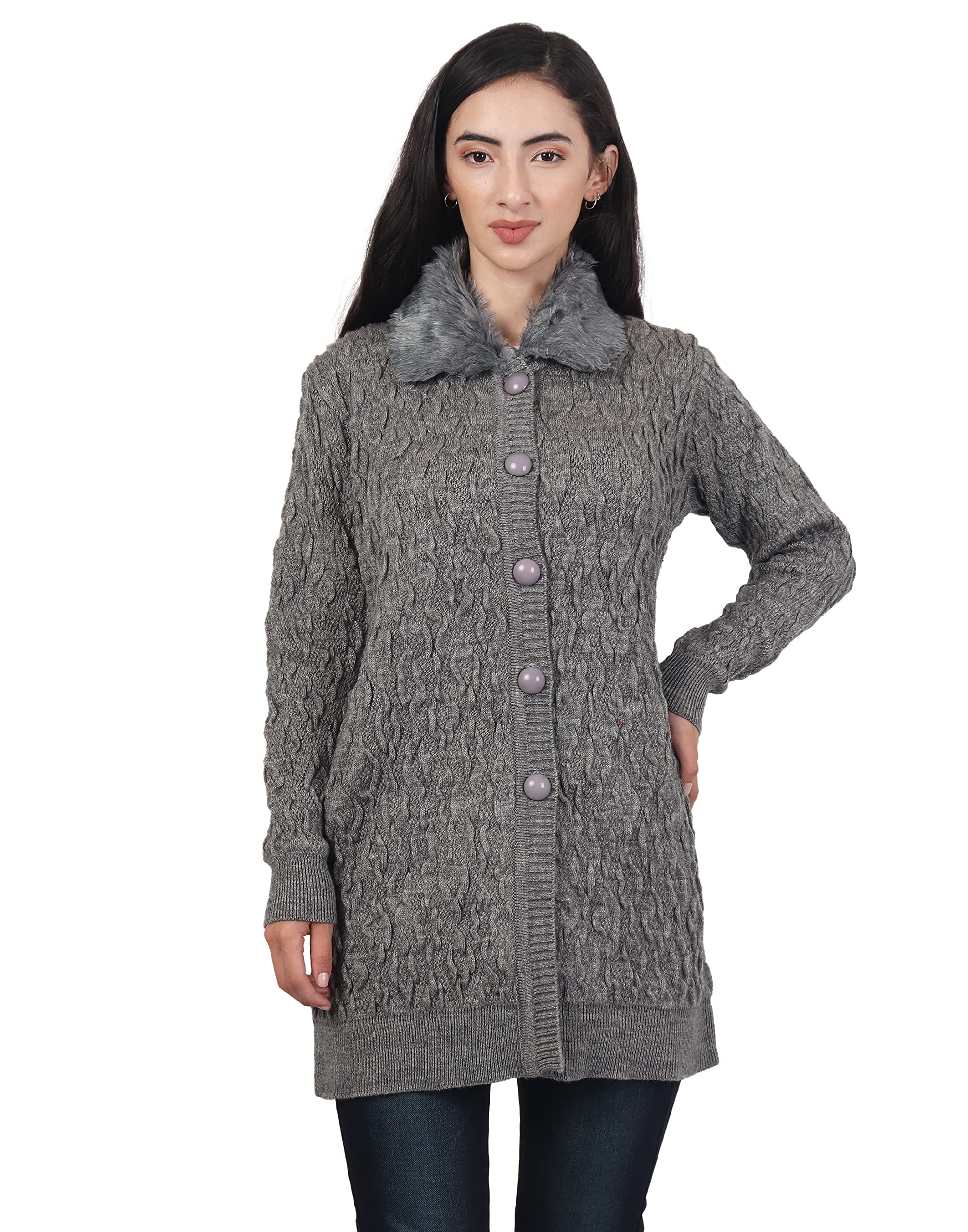 hautemoda Women Button Long Cardigan with Fur Collar-picture-17