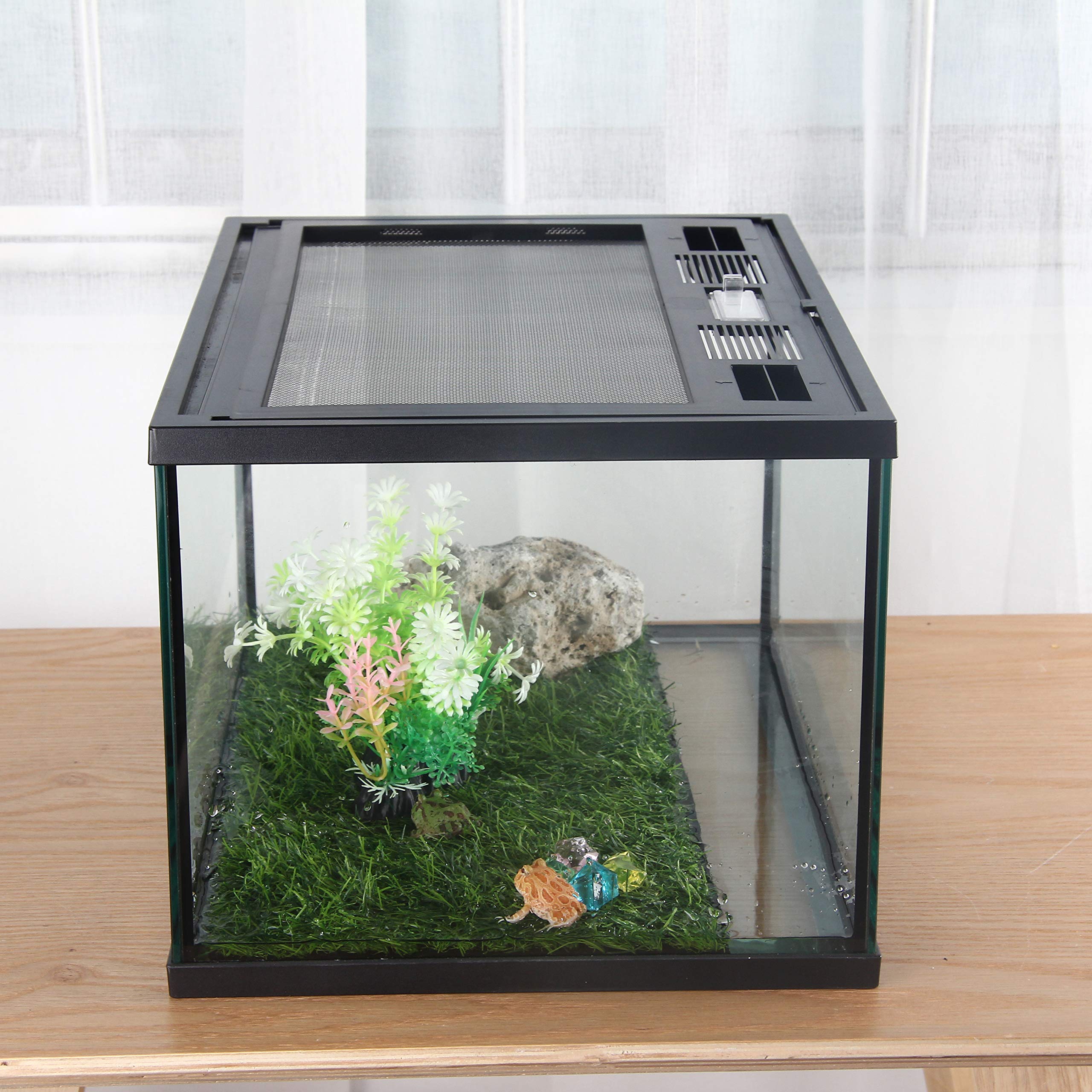 Frösche Glas-Terrarium Futterset für Reptilien, Amphibien, Insekten, Hörnerfrösche Wasserunkraut / Prairie Stil Habitat mit grünem Kunstrasenpad, natürlicher Vulkangestein