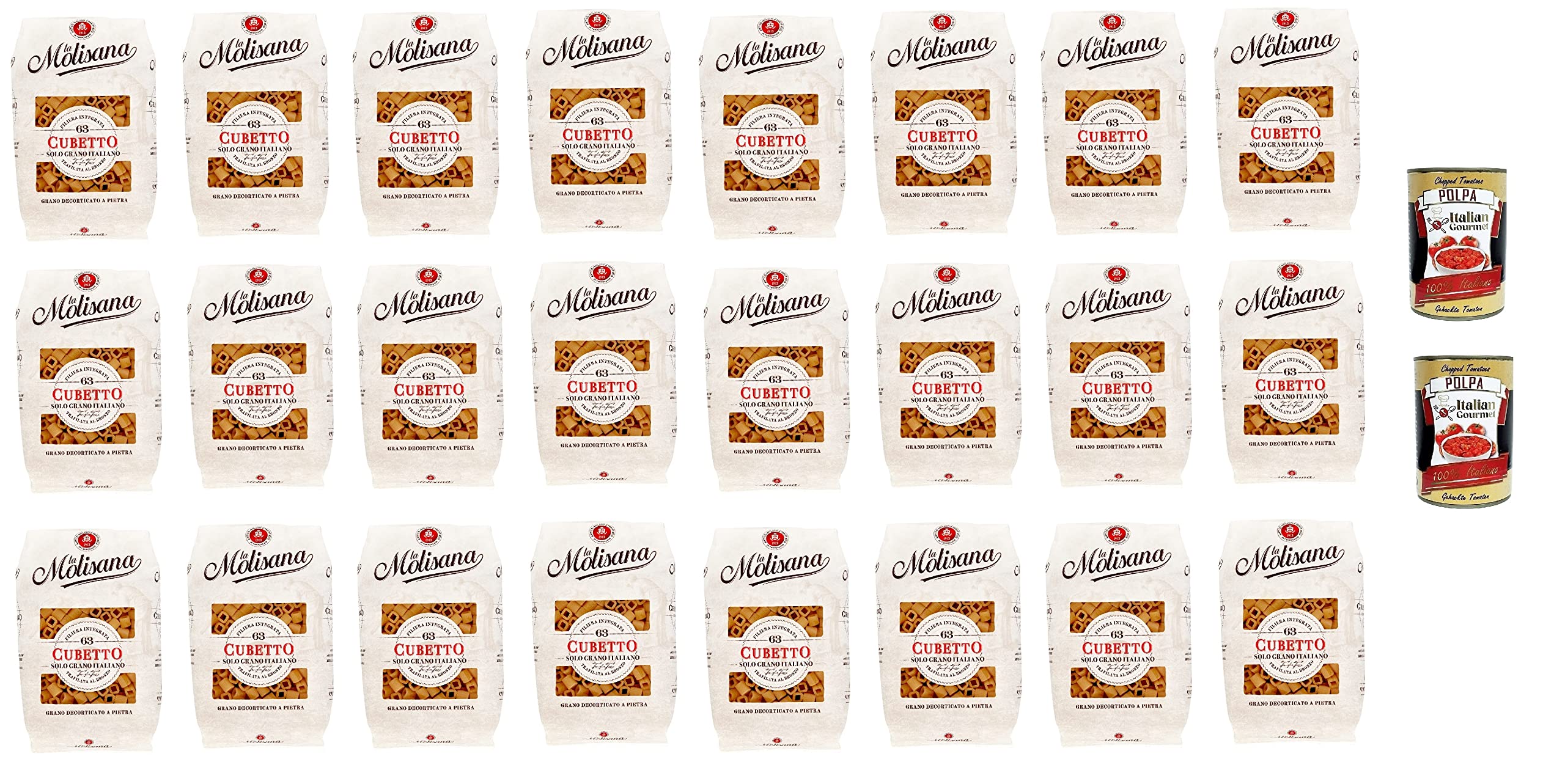 La Molisana Cubetto N.63 Pasta Lenta Lavorazione Pastas de sémola de trigo duro, dibujo de bronce, 500 g + 2 Polpa italiana Gourmet