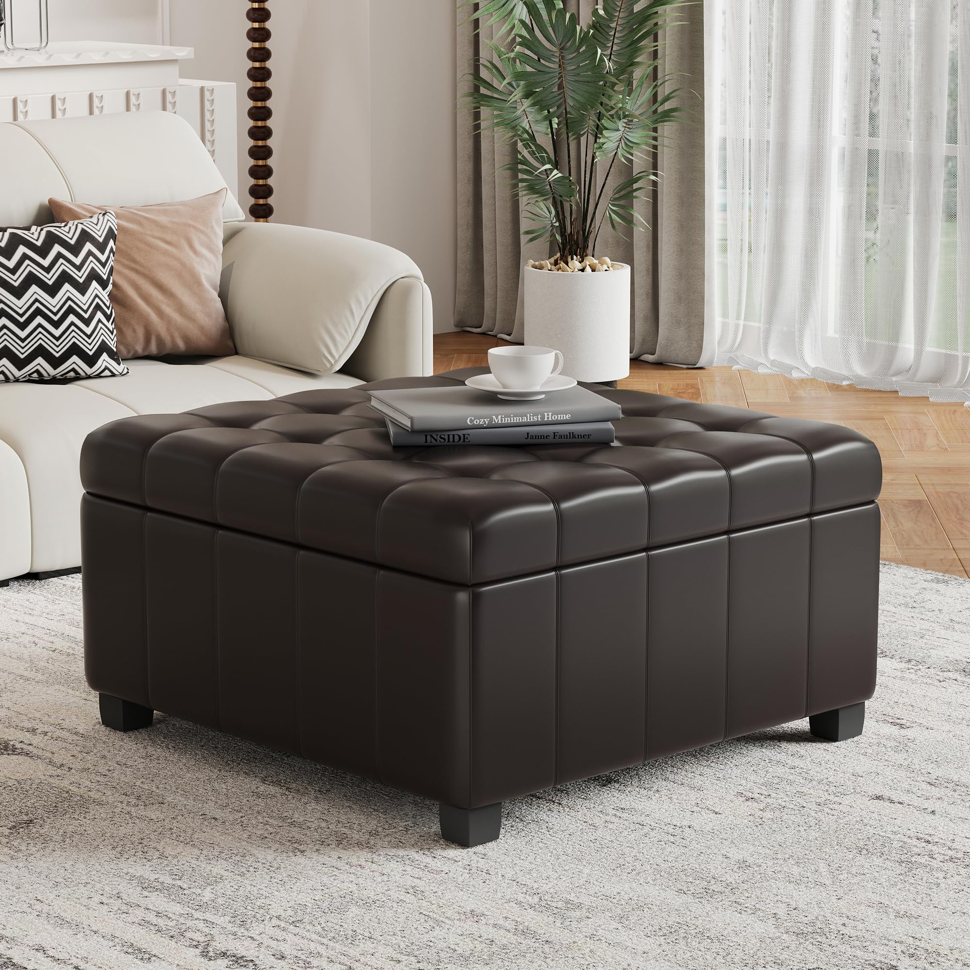 MOOLSUN 31-inch Big Square Storage Ottoman Coffee Stand wth liftng platfrm, Generous Space - Ideal for Lounge orgainzaton (PU-B Brown)