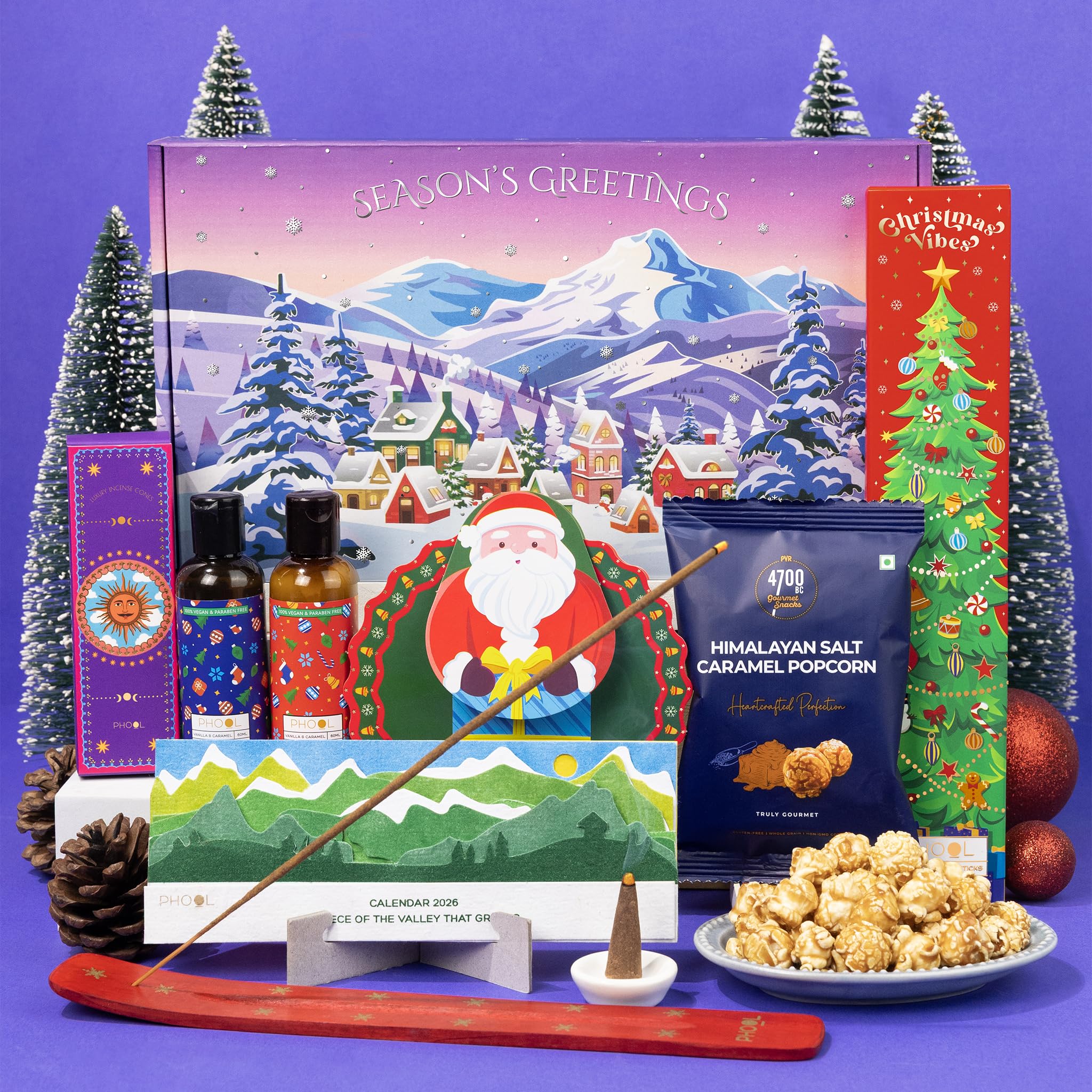 Phool Winter Cheer Christmas Gift Box | Premium Christmas gifts with Caramel Popcorn, Kimirica Shampoo & Body Lotion, Festive Incense Set, & Interactive Santa Card | Secret Santa Gift for Colleagues, Friends & Family