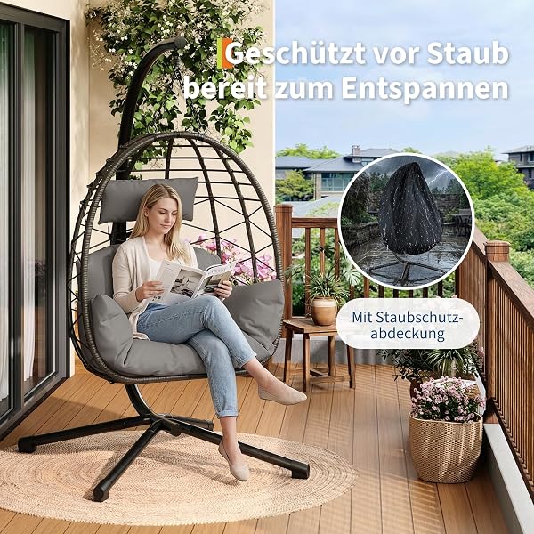 Hängesessel mit Gestell Outdoor bis 150 kg belastbar, Rattan Hängesessel mit Metallgestell, ideal als Hängesitz Indoor mit Gestell für Garten, Terrasse & Balkon Grau - 2