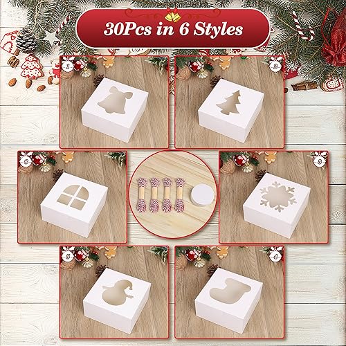 Vista 39 de COTOPHER 18 cajas de galletas de Navidad con ventana, cajas blancas de panadería de 4 x 4 x 2.5 pulgadas para regalo, mini cajas de pastel