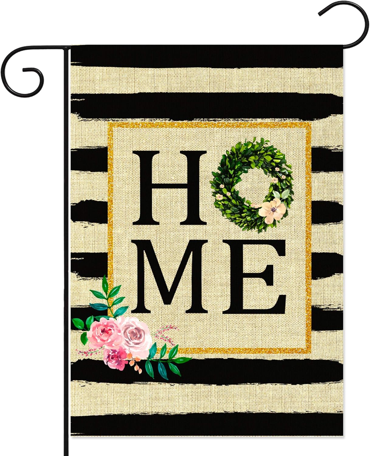WATINC HOME Garden Flag Black Stripes Double Sided Burlap Flag with Flower Wreath Seasonal Spring Summer Decorations Home Decor for Outdoor Yard Family Party Supplies 12.2 x 18.4 Inch