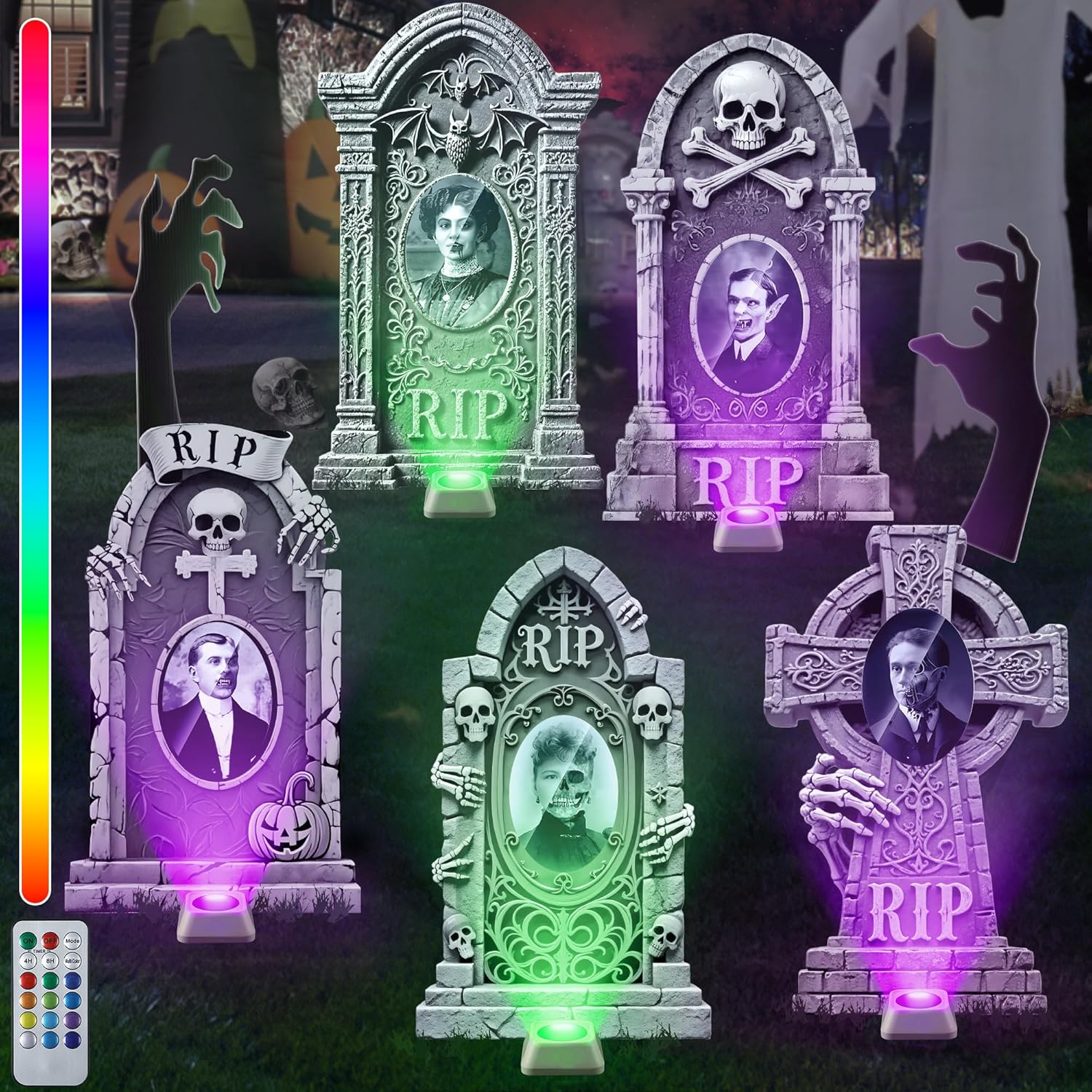 21.65 Inch Halloween Tombstones 3D Changing Face Black Hands Yard Signs, 5 Set Lighted Halloween Tombstones Decorations Outdoor with 13 Colors for Grave Lawn Haunted Decor(Classic Style)