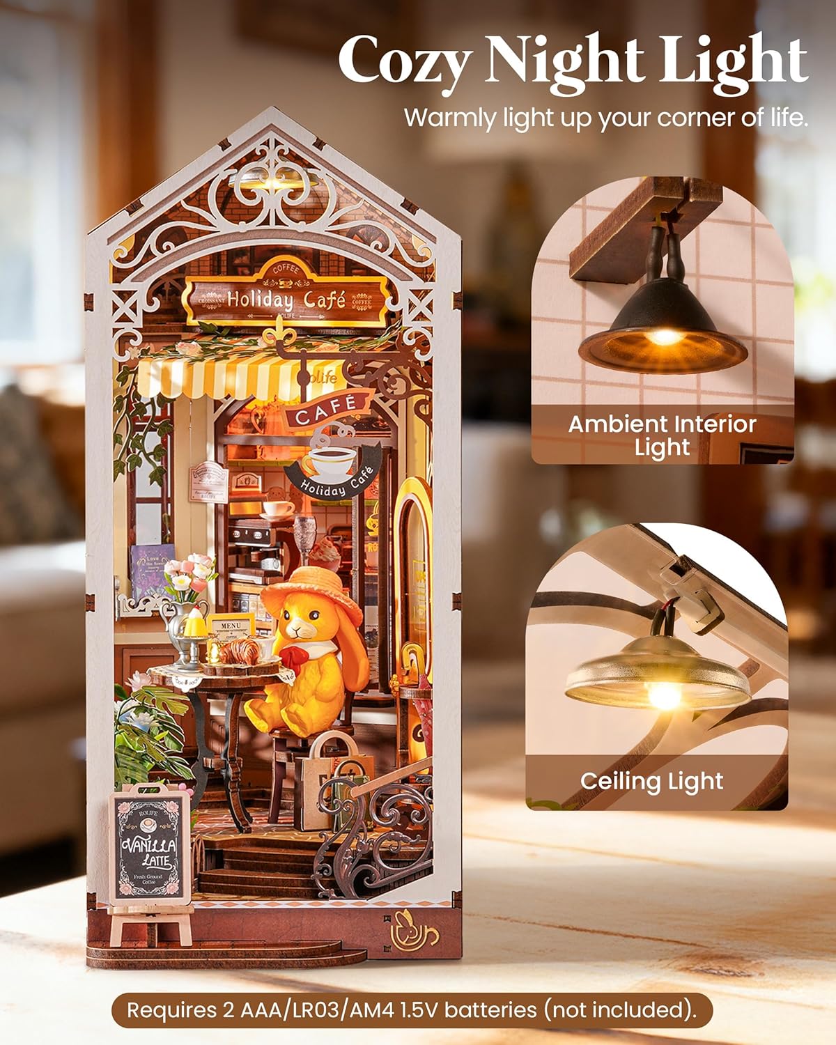 Rolife DIY Book Nook Kits for Adults, Miniature Dollhouse Booknook Kit, 3D Wooden Puzzle Creative Decorative Bookends Bookshelf Diorama Insert Crafts Hobbies Gifts (Holiday Café) - Image 3
