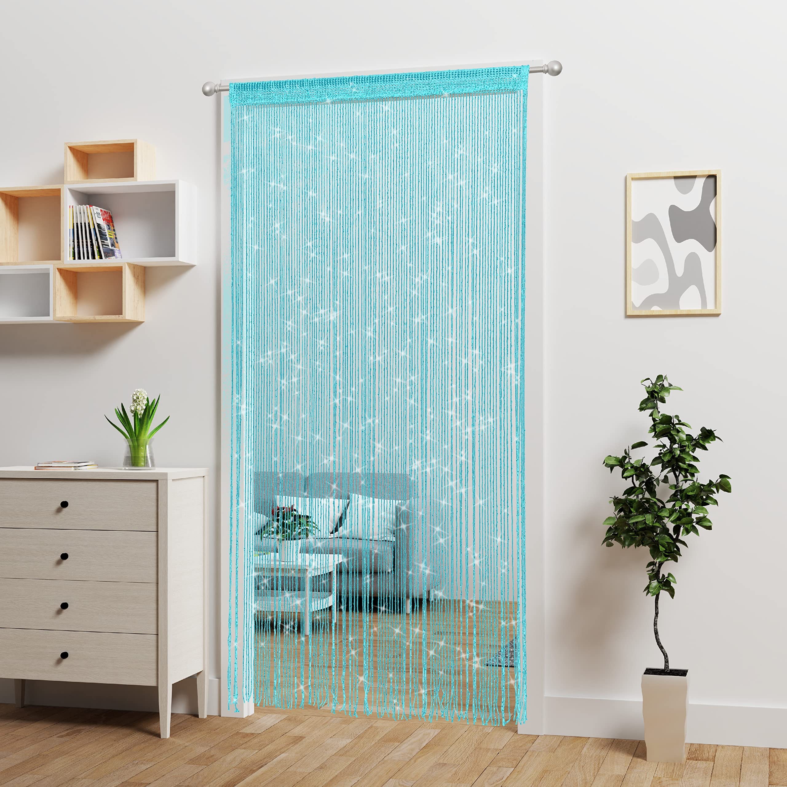 Rideau de Porte à Perles, séparateur de pièce à Suspendre, décoration Hippie à Paillettes, Panneau à Franges pour Placard, fenêtre, Portes à Paillettes, Pompons (Bleu)