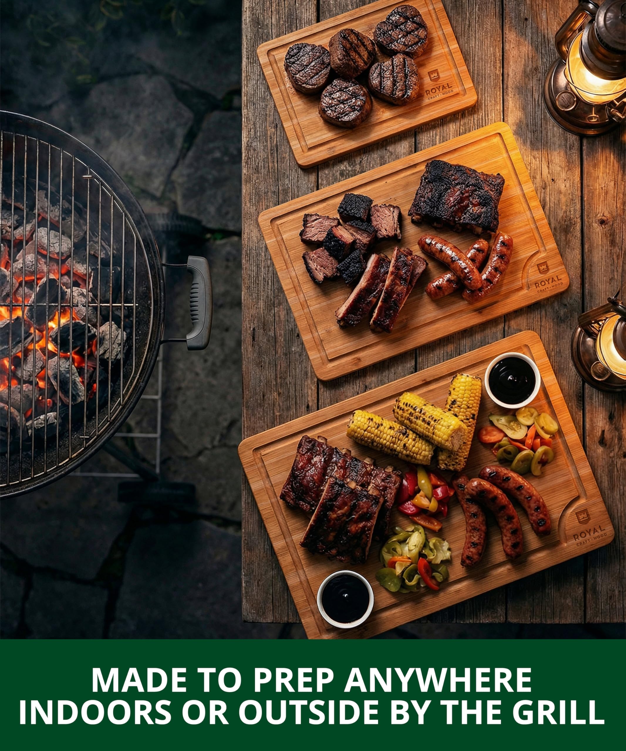 ROYAL CRAFT WOOD Wooden Cutting Boards for Kitchen Meal Prep & Serving - Bamboo Wood Serving Board Set with Deep Juice Groove Side Handles - Charcuterie & Chopping Butcher Block for Meat (3 Pcs)