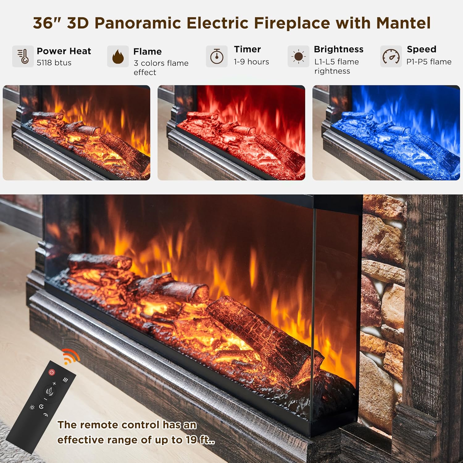 RedLemon Electric Fireplace with Mantel, 3-Sided Glass Farmhouse TV Stand with Fireplace for TVs up to 65", 52" Media Entertainment Center Console with Storage for Living Room, Dark Rustic Oak