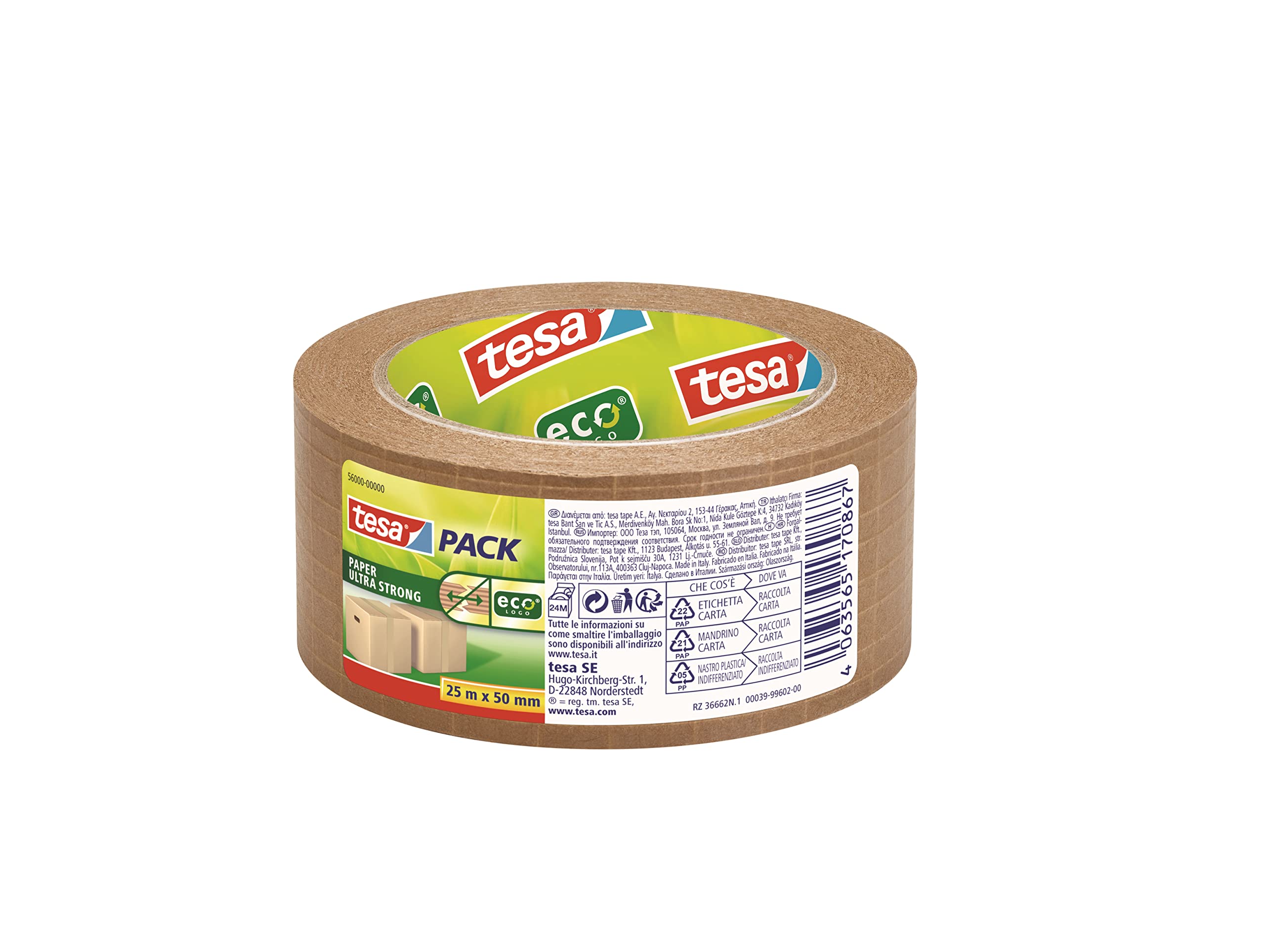 tesa Tesapack Lot de 12 rouleaux de ruban adhésif ultra résistant en fibre de verre, avec adhérence extra forte, fabriqué à partir de matières premières certifiées FSC, 25 m x 50 mm