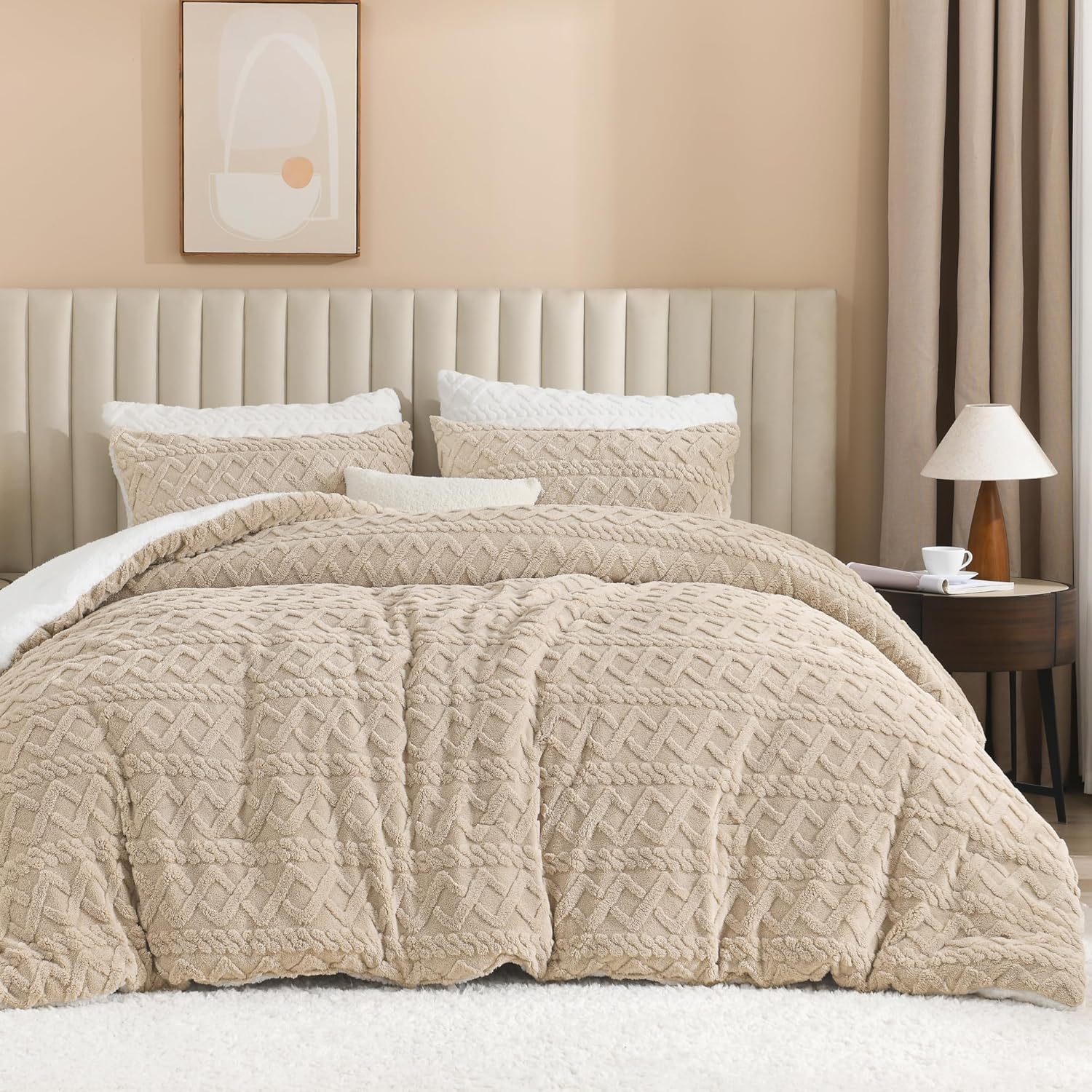 Andency Fluffy Sherpa Queen Comforter Set, Super Soft Beige Fleece Warm Bedding for Winter, Luxury Jacquard Boho Thick Fuzzy Plush Bed Set 3 Pieces(1 Shaggy Comforter, 2 Pillowcases) - Image 2