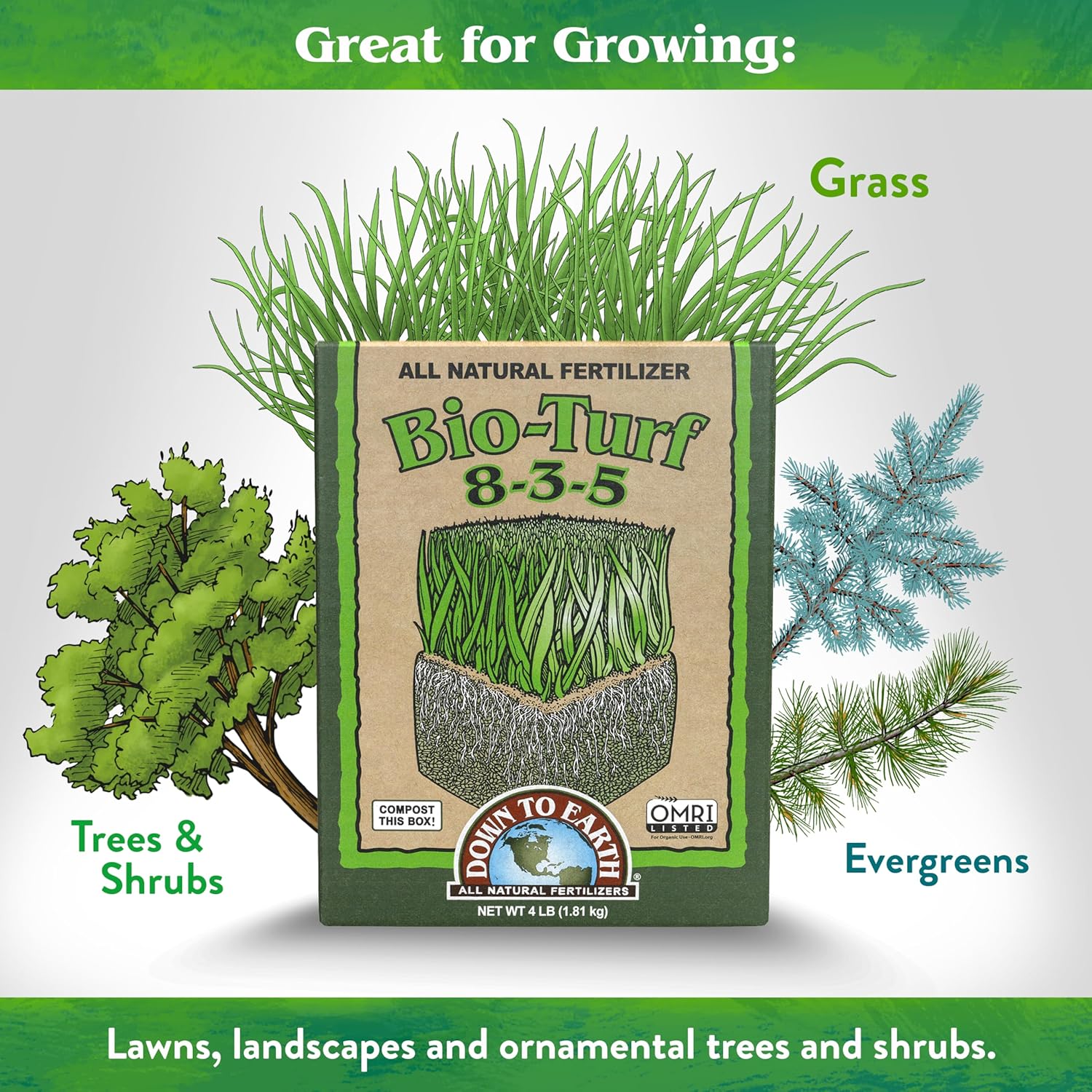 Down To Earth All Natural Fertilizers Organic Bio-Turf Lawn Food for Grass, Landscape and Ornamentals - Works with Lawn Spreaders 8-3-5, 25 Lb