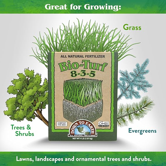 Down To Earth All Natural Fertilizers Organic Bio-Turf Lawn Food for Grass, Landscape and Ornamentals - Works with Lawn Spreaders 8-3-5, 4 lb