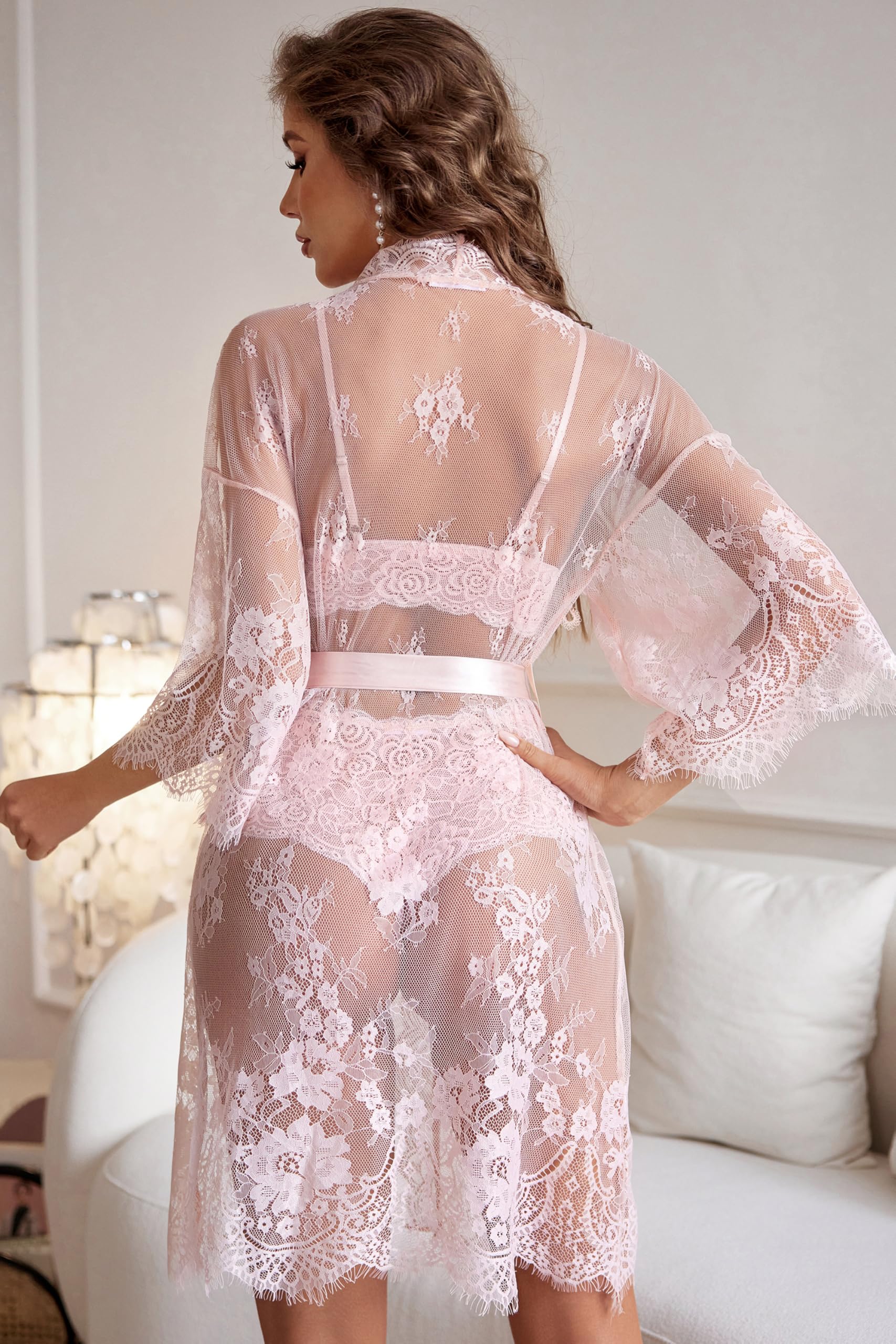 Avidlove Women Sexy Lingerie Set 3 Piece Bra and Panty Sets with Lace Kimono Robe Sleepwear Mesh Nightgown: Small Light Pink