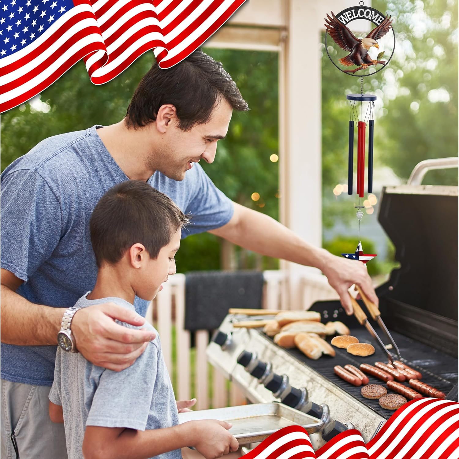 CoTa Global Welcome Eagle USA Flag Wind Chime - Handmade Metal Hanging Decor, Patriotic Garden Ornament with Red, White and Blue Tubes, Indoor Outdoor Porch Patio Yard Decoration - 34 Inches