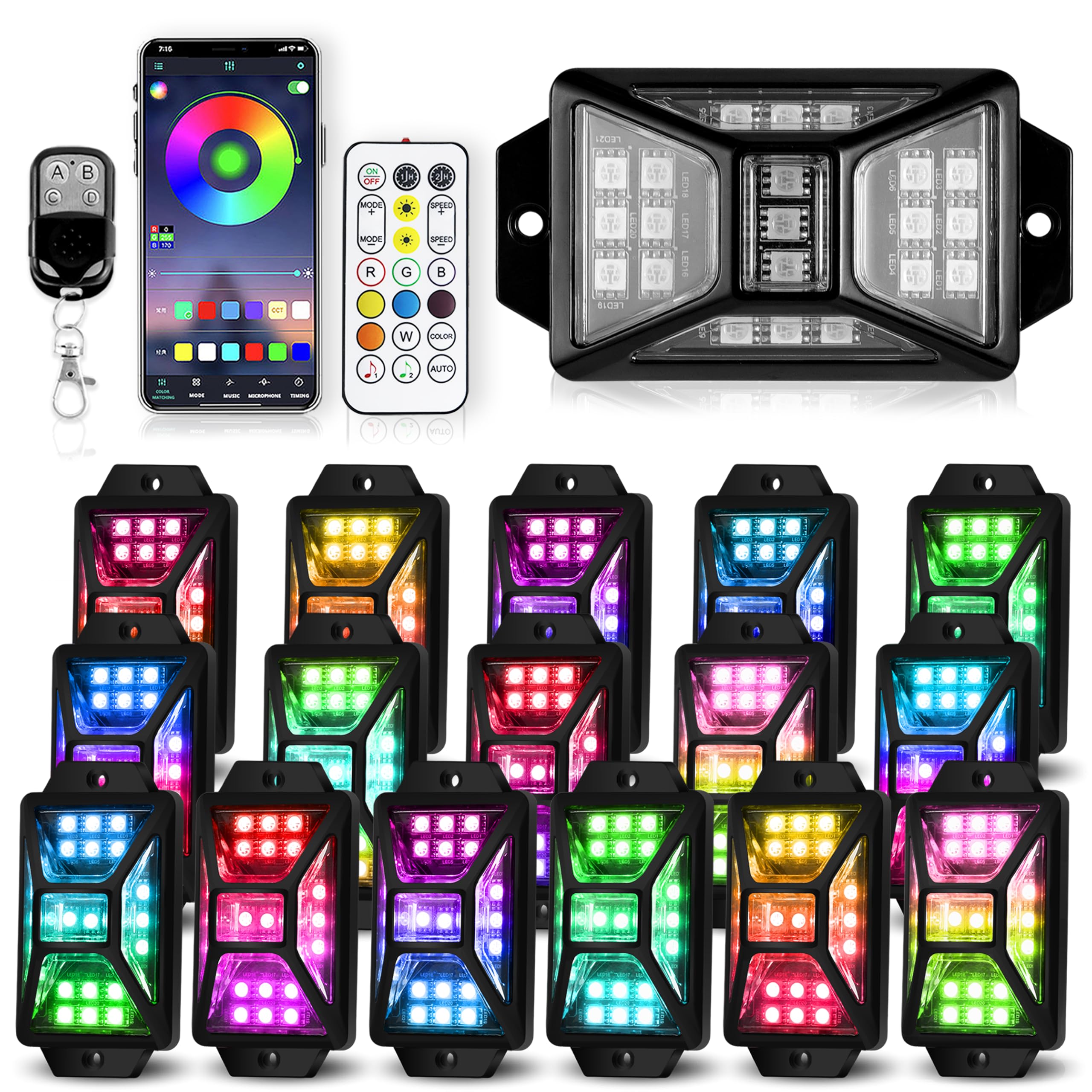 16 Pods 5 Sides Full Angle RGB Rock Lights for Trucks, App &amp; Remote Control