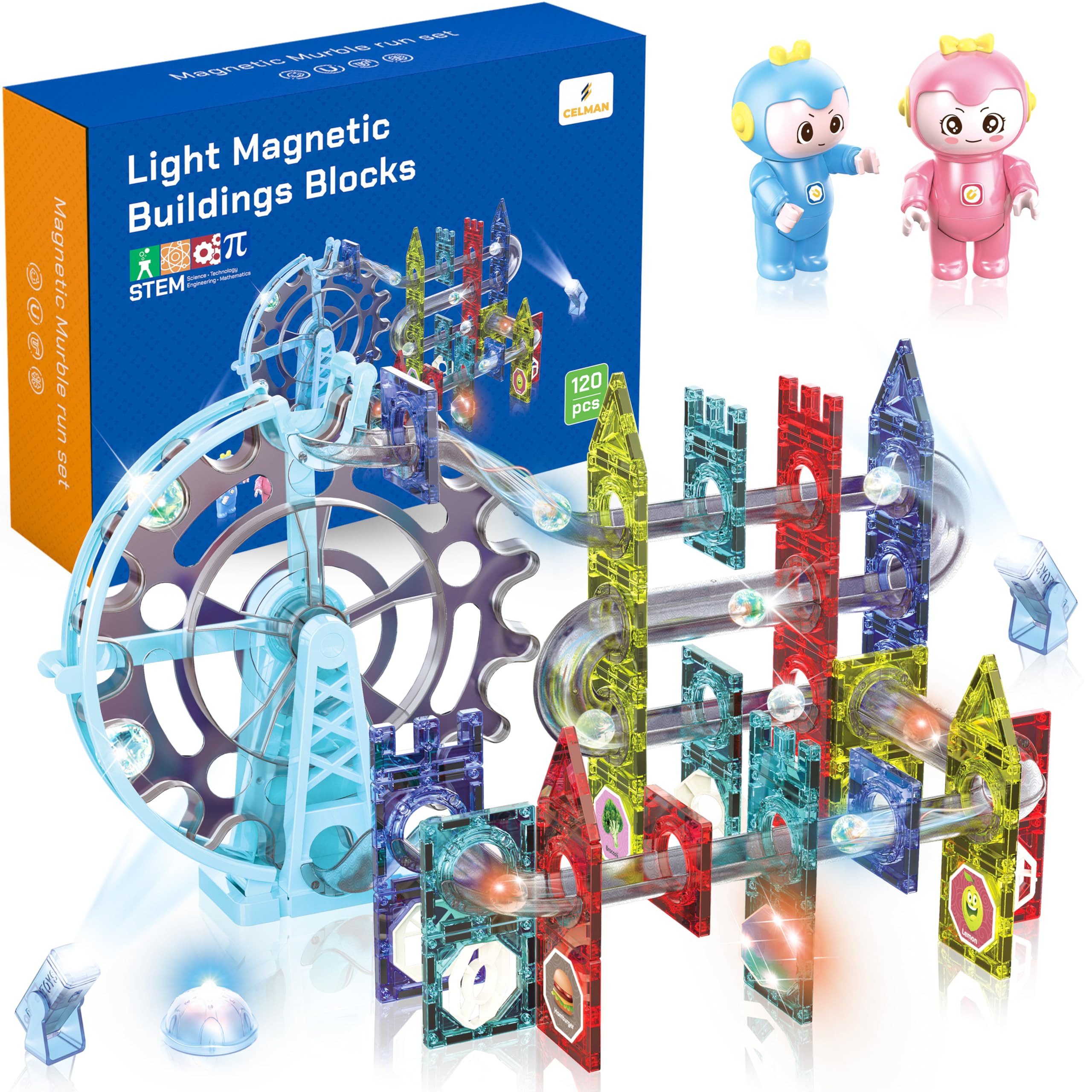 CELMAN Bloques de Construcción Magnéticos - Circuito para Canicas, Magnetic Blocks, Piezas y Pistas Magnéticas para Niños de 3, 4, 5, 10 Años y Más, Kit Montessori de Juegos de Lógica
