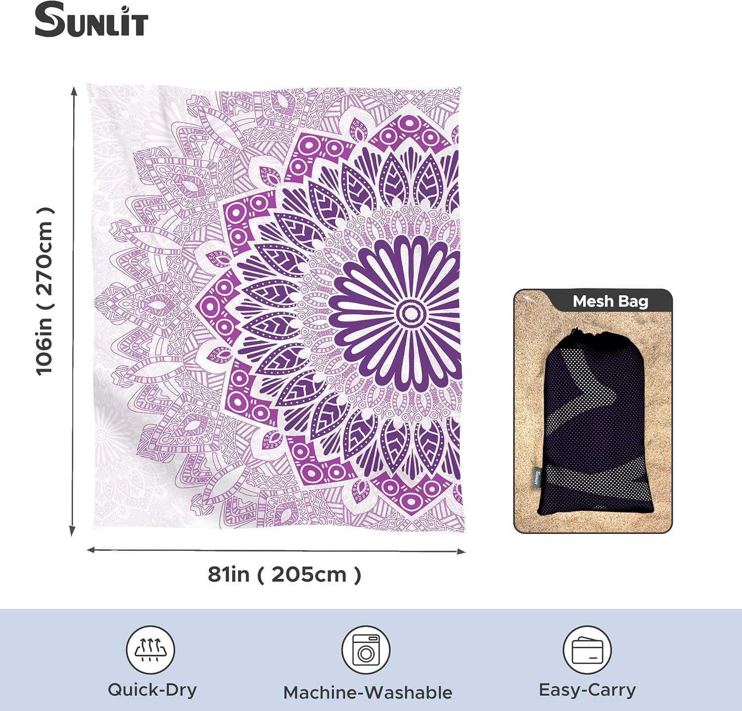 Sunlit Silky Soft 81"x106" Sand Proof Beach Blanket Sand Proof Mat with Corner Pockets and Fashion Mesh Bag for Beach Party, Travel, Camping and Outdoor Music Festival, Boho Lilac Mandala