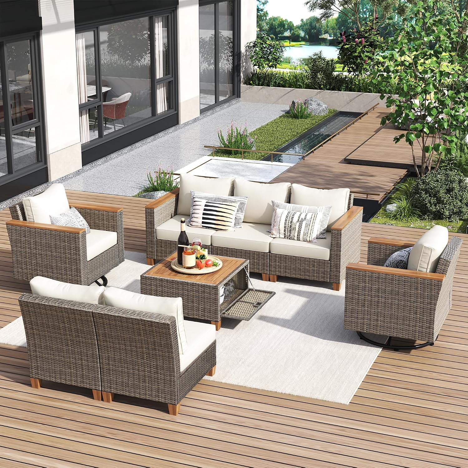 Quarte 8-Piece Outdoor Rattan Conversation Sofa Set with Swivel Rocking Chairs, Acacia Wood Table, Patio Furniture Set for Outdoor Couch, Backyard (Beige/Rattan)